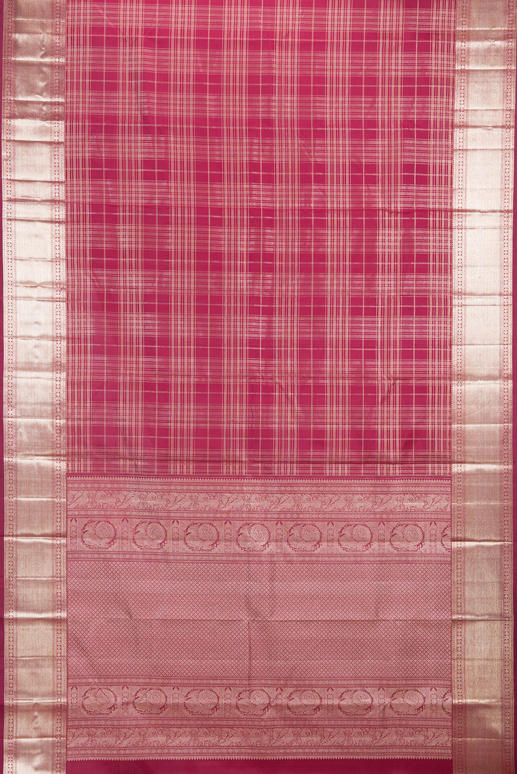 Flat view of Pure Silk Deep Red Kanchipuram Saree with Checked design on the body and Zari Border. 