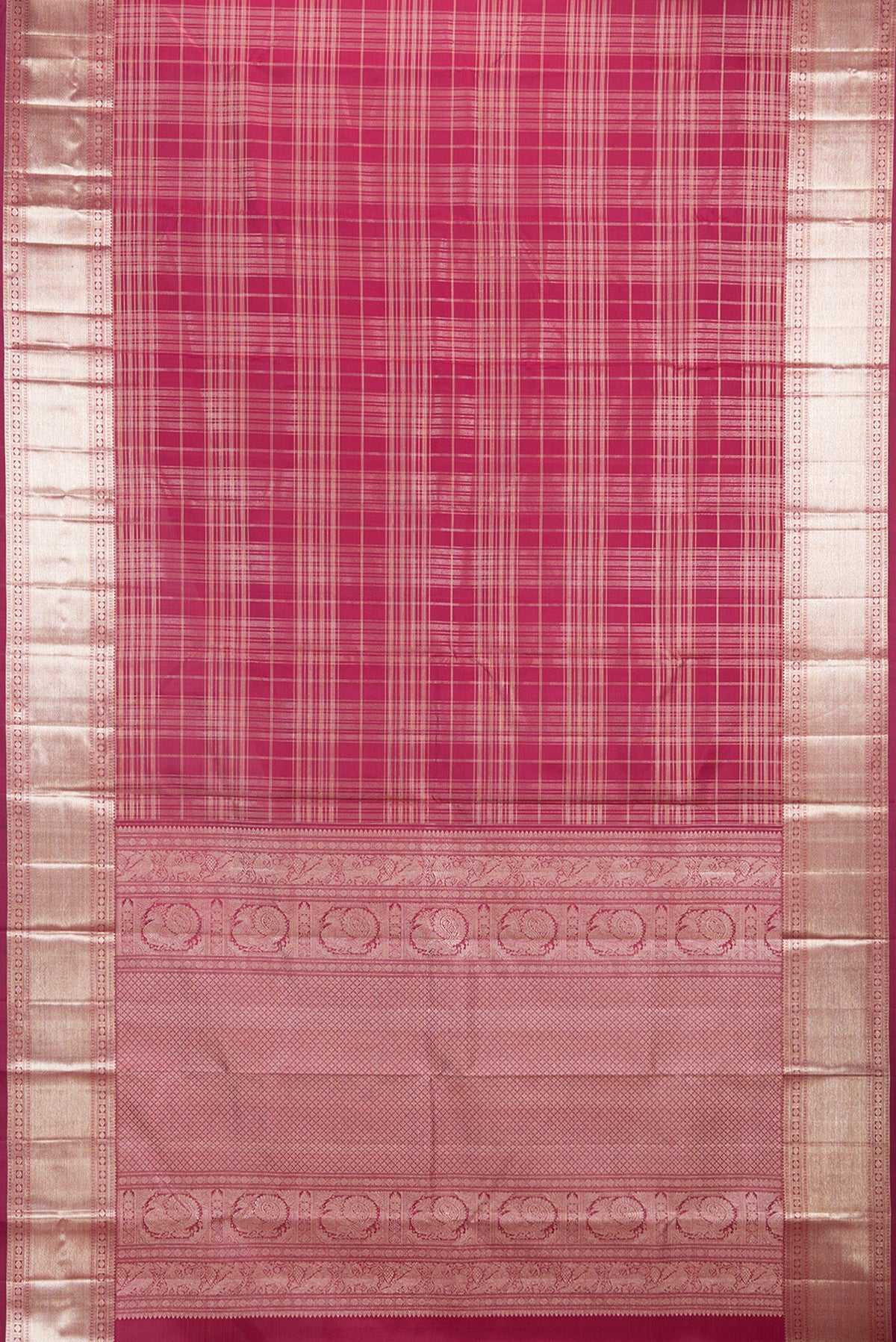 Flat view of Pure Silk Deep Red Kanchipuram Saree with Checked design on the body and Zari Border. 