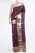 Pure Silk Burgundy Dual Tone Kanjivaram Saree with Zari Butta on the body and Zari Border.  displayed on a mannequin