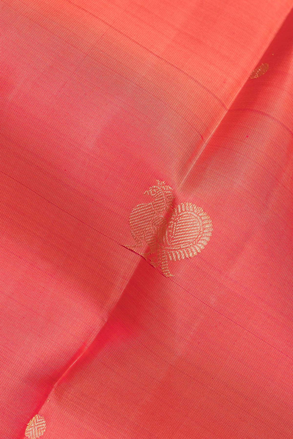 Close up of Pure Silk Brick Orange Kanchipuram Saree with Zari Butta on the body and Zari Border.  displaying folds