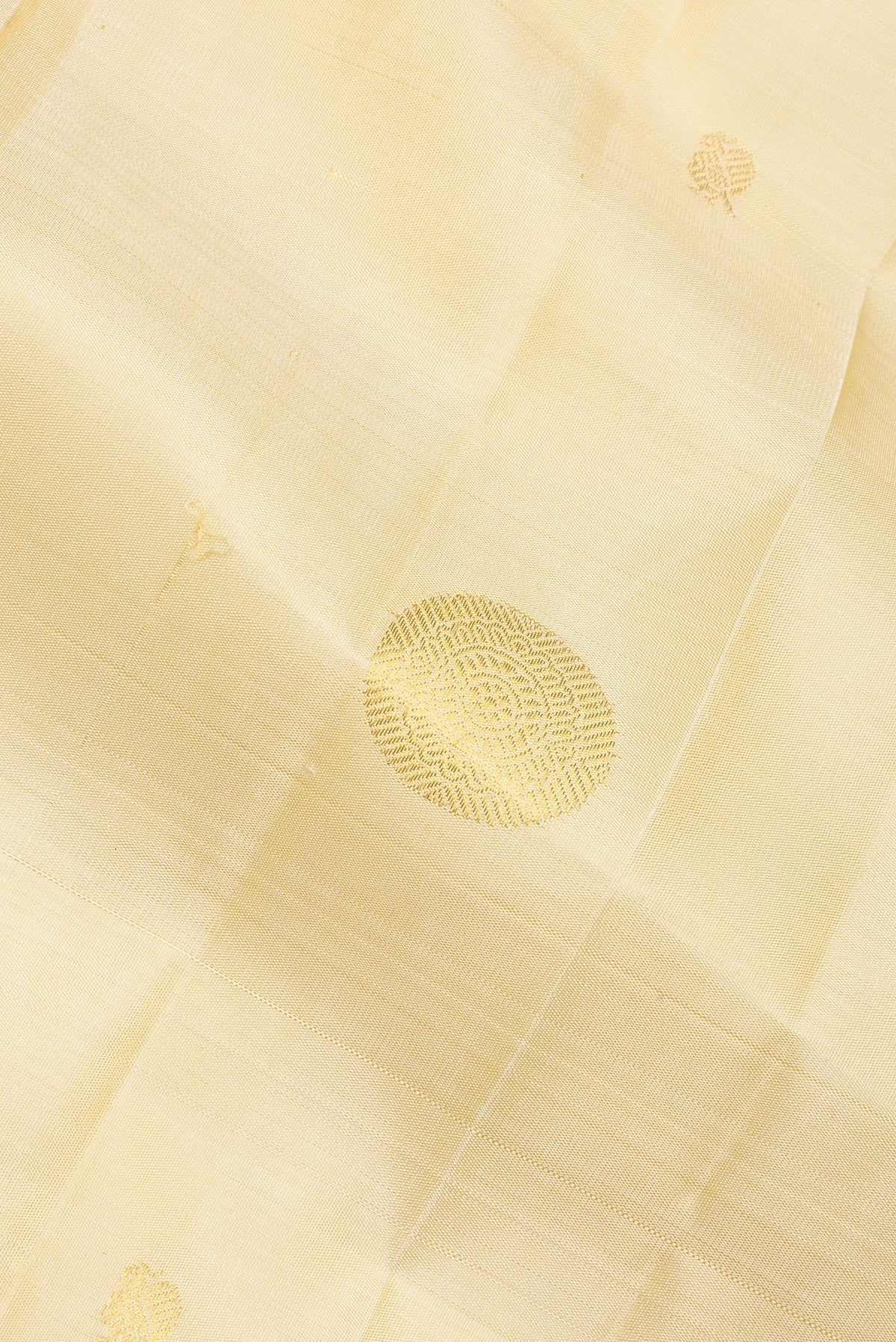 Close up of Pure Silk Cream Kanchipuram Saree with Zari Butta on the body and Zari Border.  displaying folds