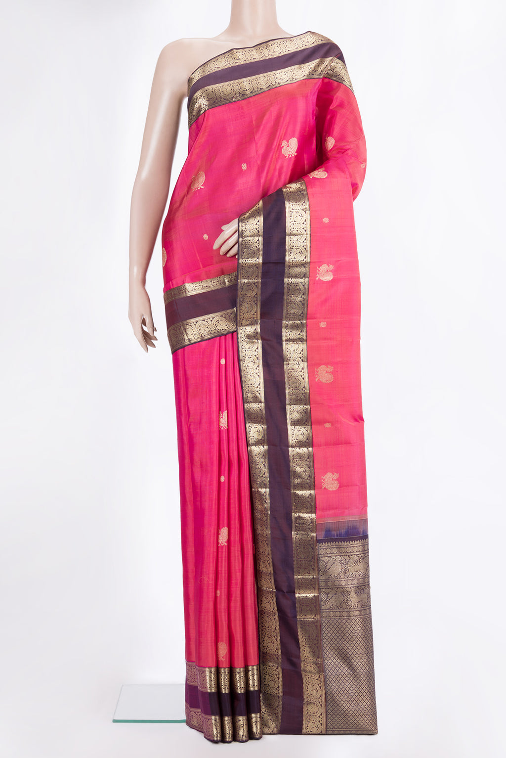 Pure Silk Pink Dual Tone Kanchipuram Saree with Zari Butta on the body and Zari Border.  displayed on a mannequin