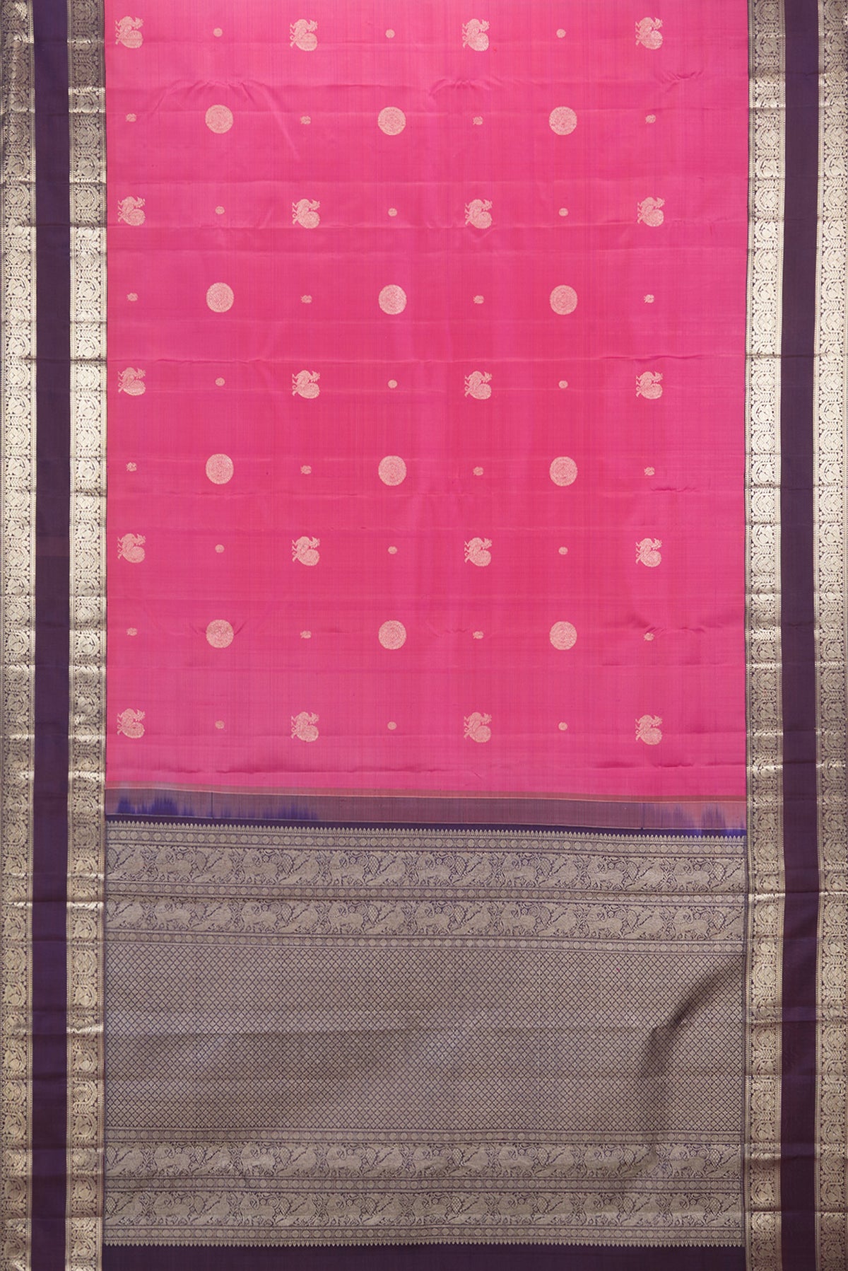 Flat view of Pure Silk Pink Dual Tone Kanchipuram Saree with Zari Butta on the body and Zari Border. 