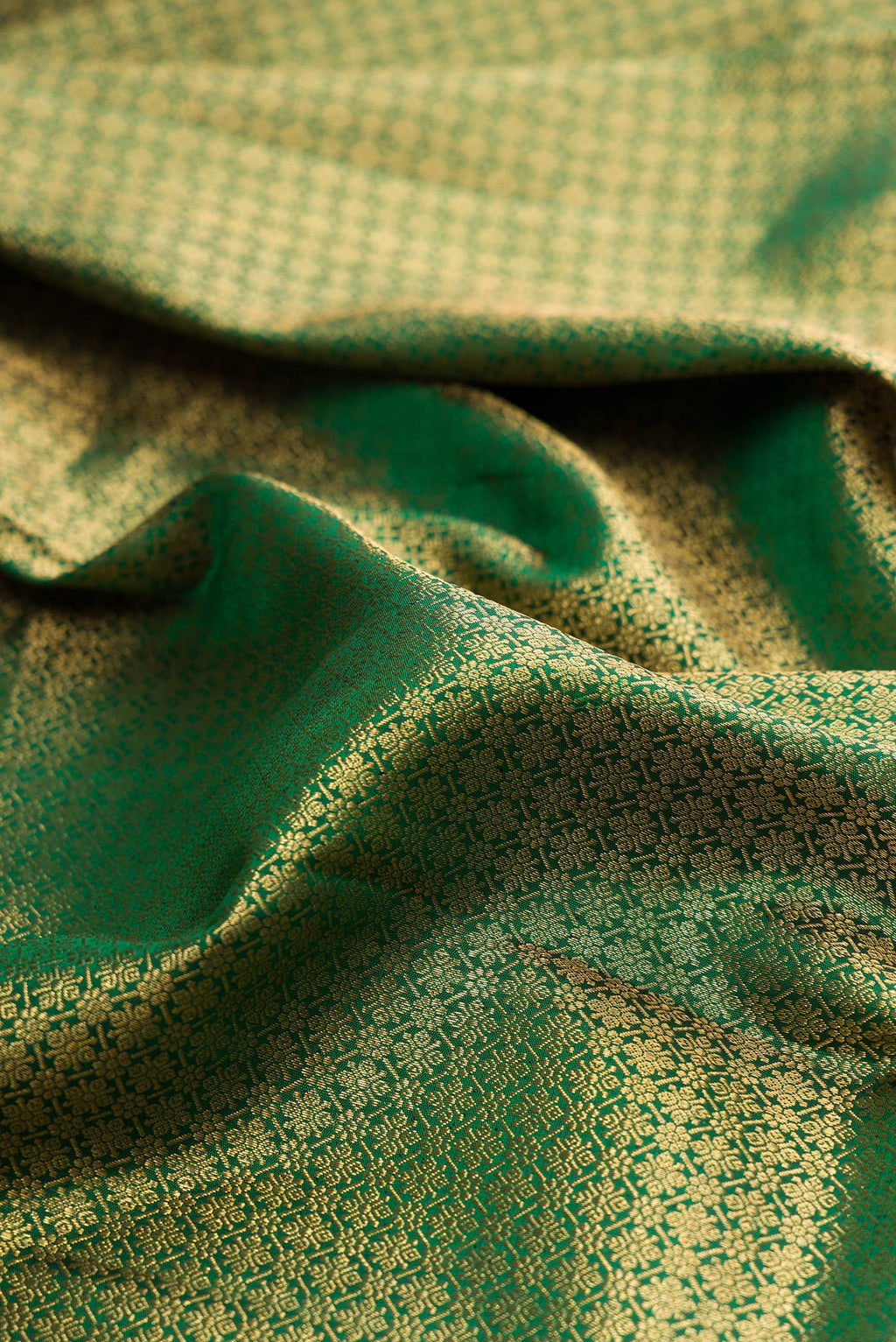Close up of Pure Silk Bottle Green Kanjivaram Saree with Zari Brocade on the body and Fancy Border.  displaying folds