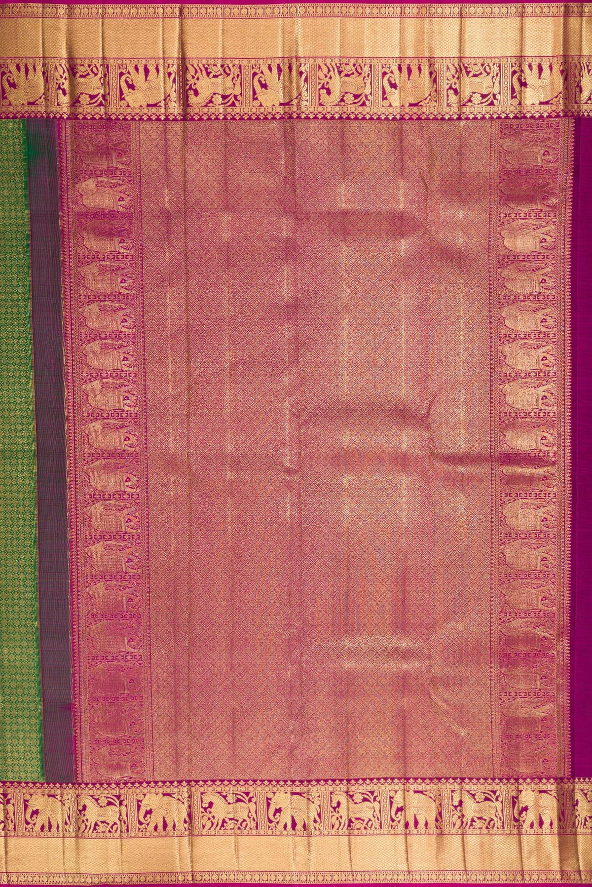 Close up image of the pallu of Pure Silk Bottle Green Kanjivaram Saree with Zari Brocade on the body and Fancy Border. 