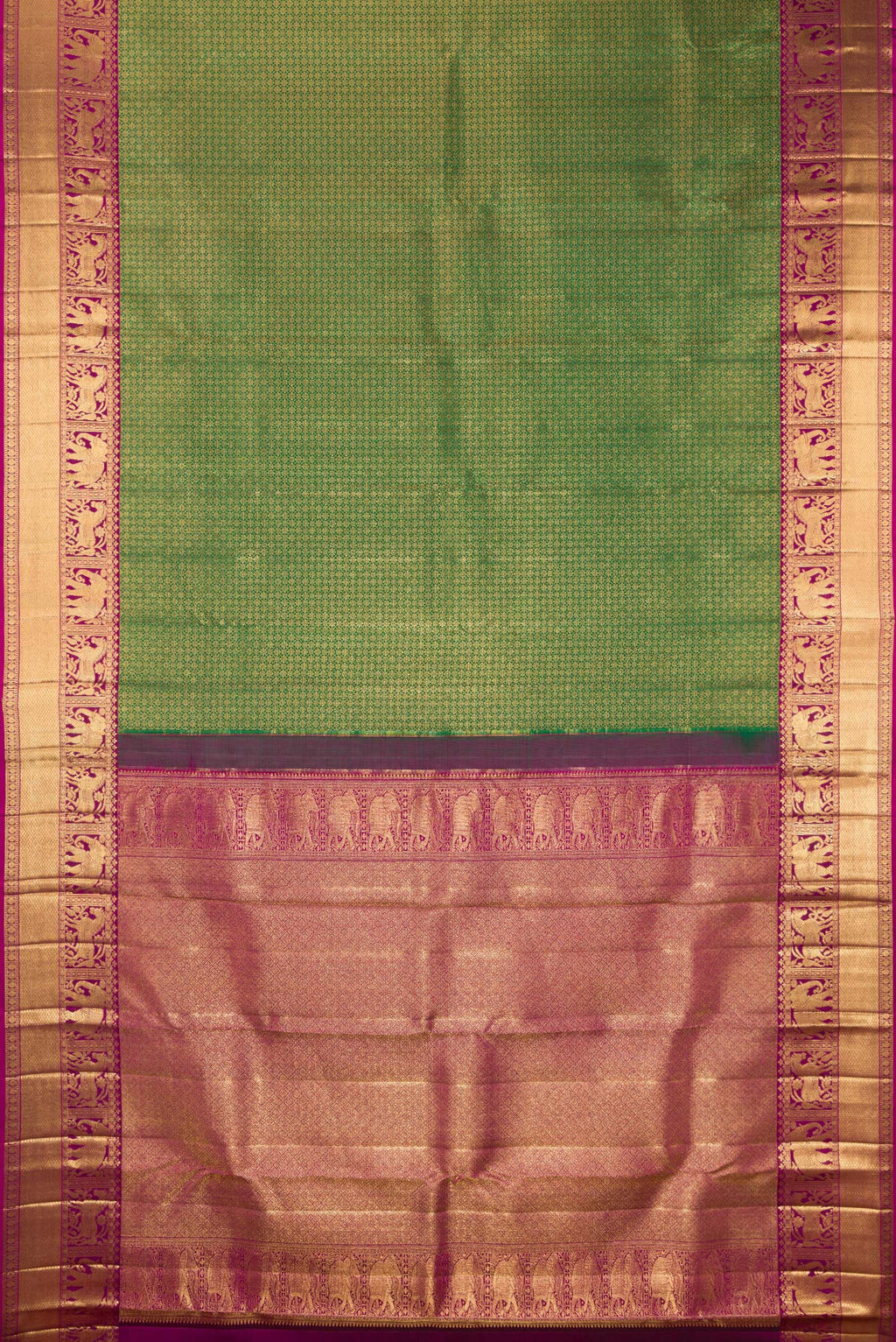 Flat view of Pure Silk Bottle Green Kanjivaram Saree with Zari Brocade on the body and Fancy Border. 