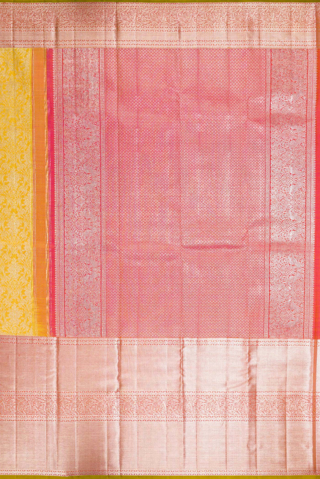 Close up image of the pallu of Pure Silk Lemon Yellow Kanjivaram Saree with Zari Brocade on the body and Zari Border. 
