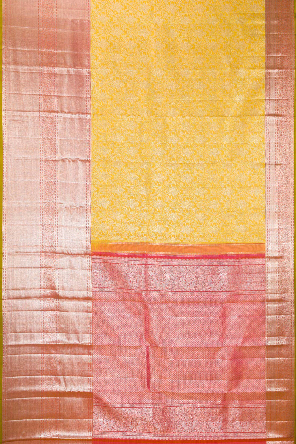 Flat view of Pure Silk Lemon Yellow Kanjivaram Saree with Zari Brocade on the body and Zari Border. 
