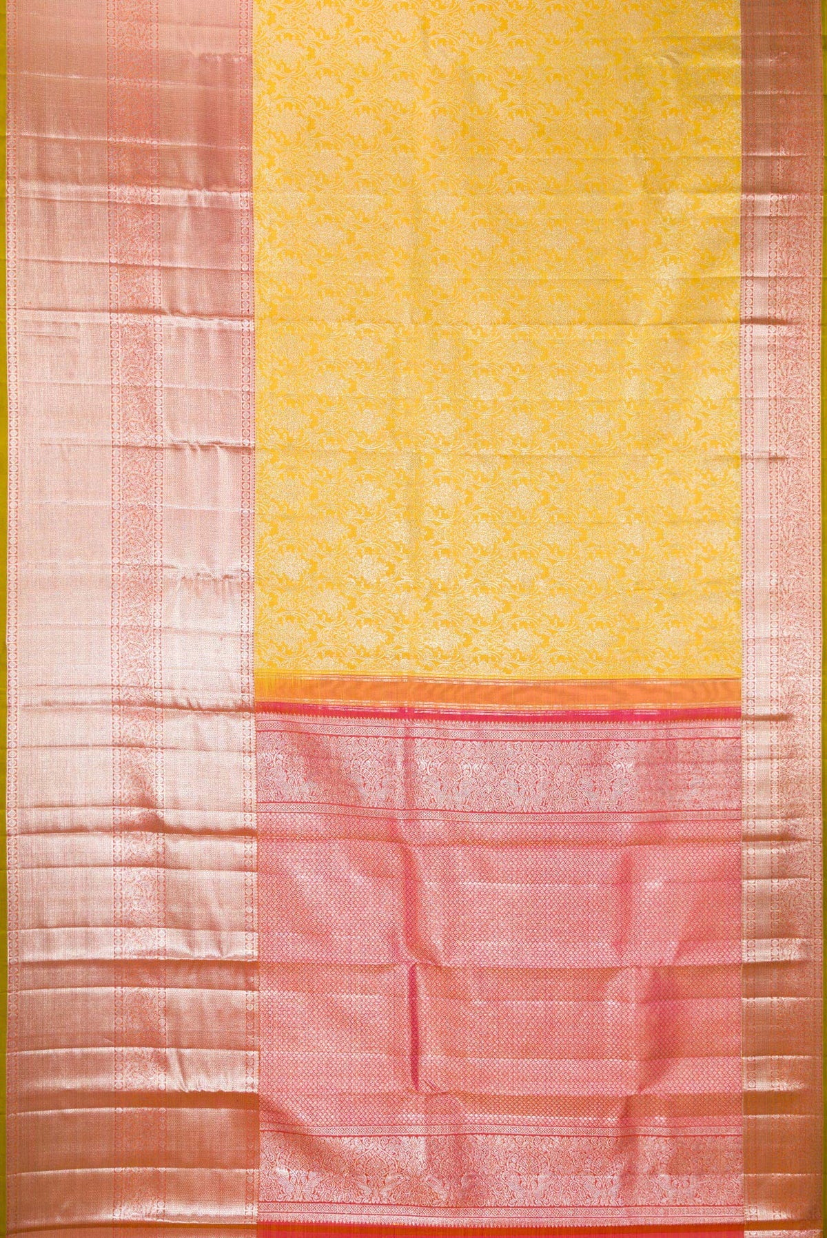 Flat view of Pure Silk Lemon Yellow Kanjivaram Saree with Zari Brocade on the body and Zari Border. 