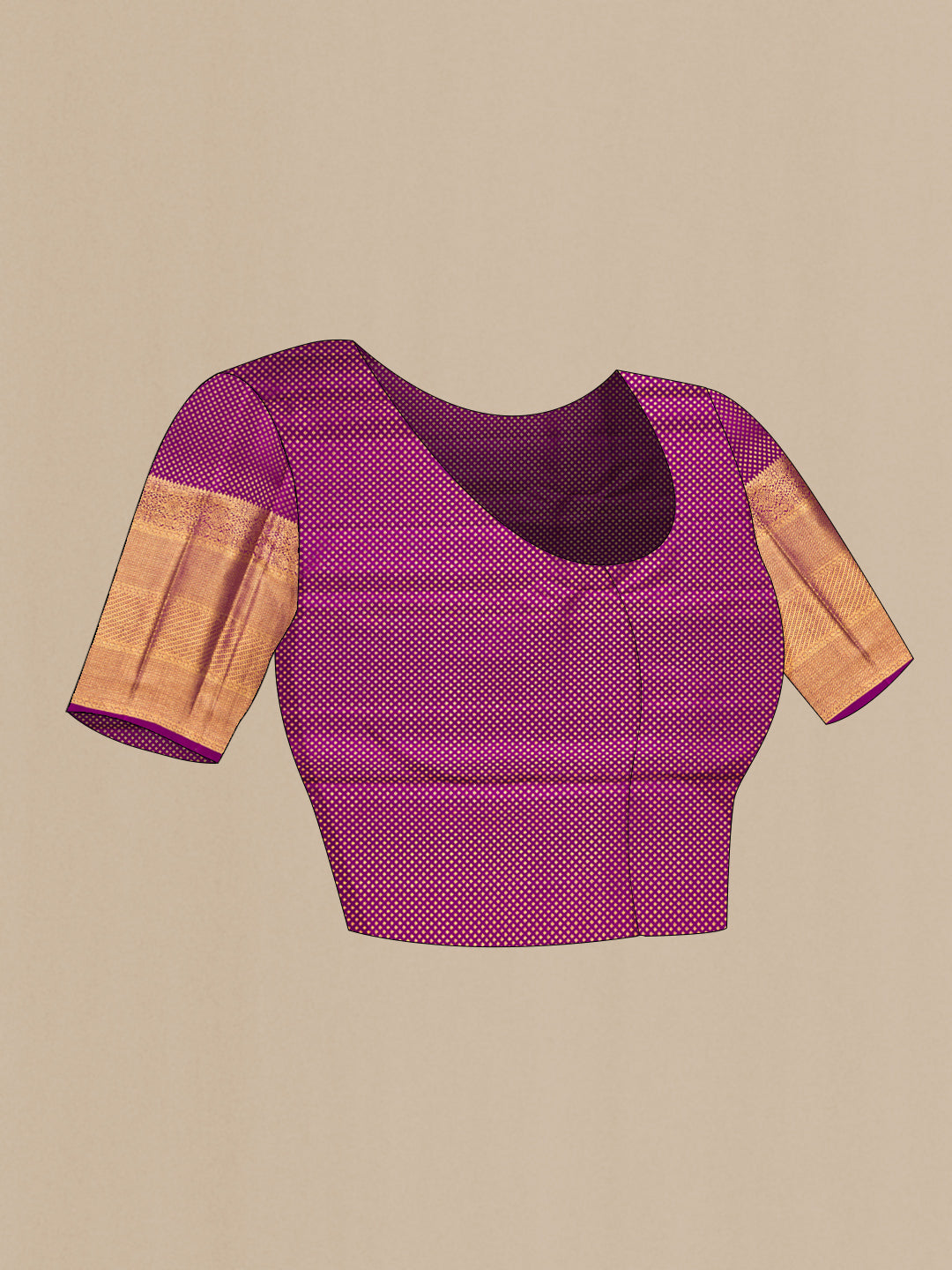 Close up image of the blouse of Pure Silk Peach Kanchipuram Saree with Zari Brocade on the body and Zari Border. 
