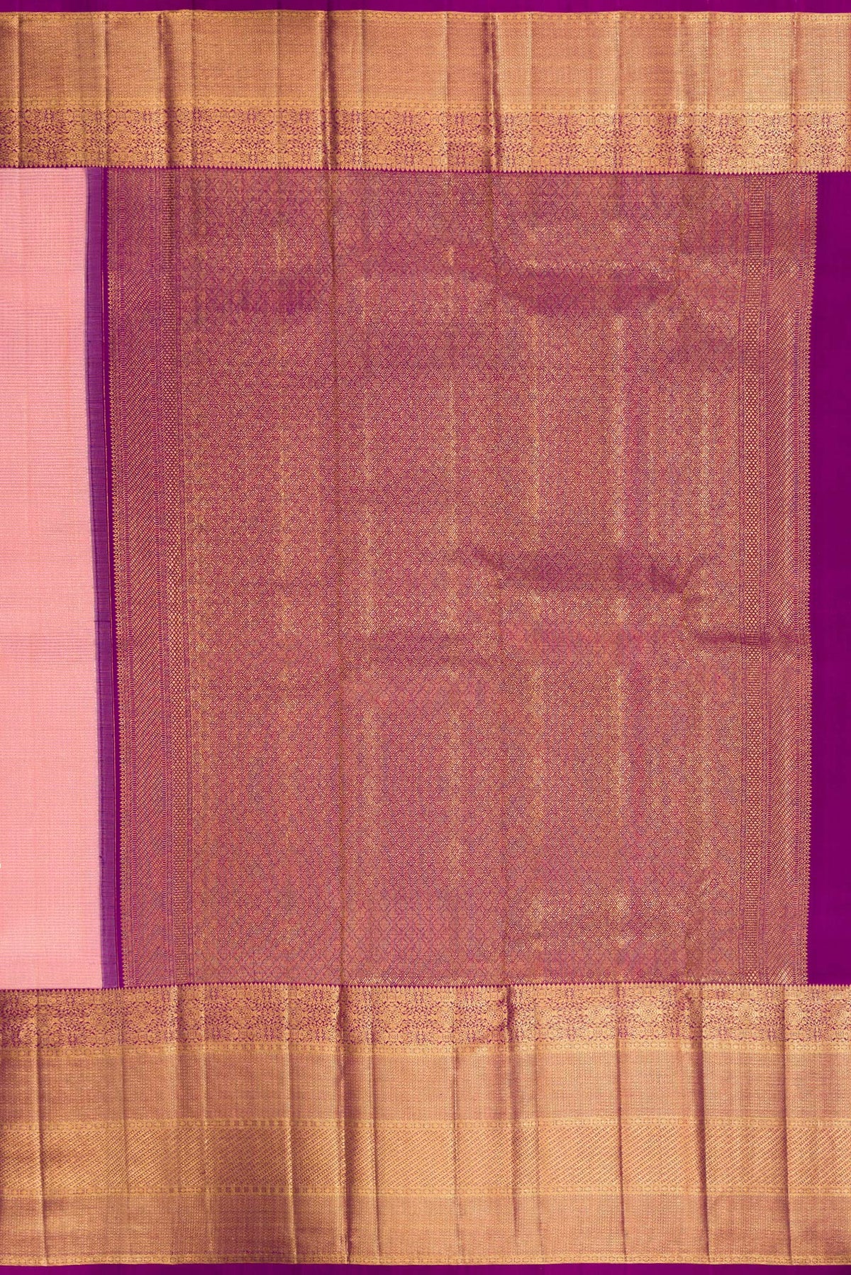 Close up image of the pallu of Pure Silk Peach Kanchipuram Saree with Zari Brocade on the body and Zari Border. 