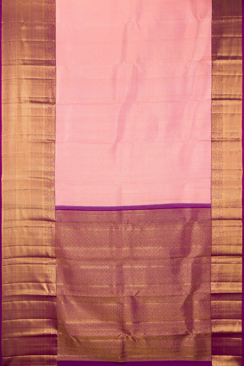 Flat view of Pure Silk Peach Kanchipuram Saree with Zari Brocade on the body and Zari Border. 