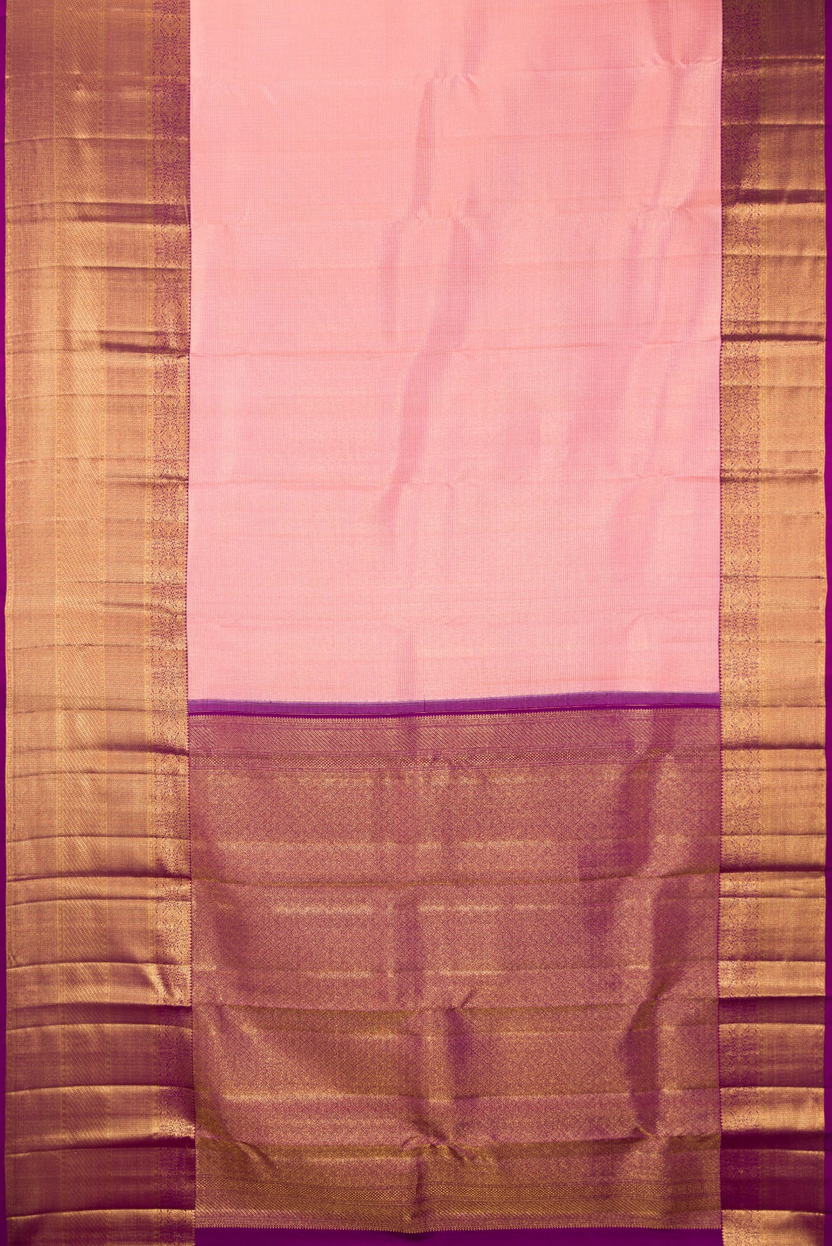 Flat view of Pure Silk Peach Kanchipuram Saree with Zari Brocade on the body and Zari Border. 