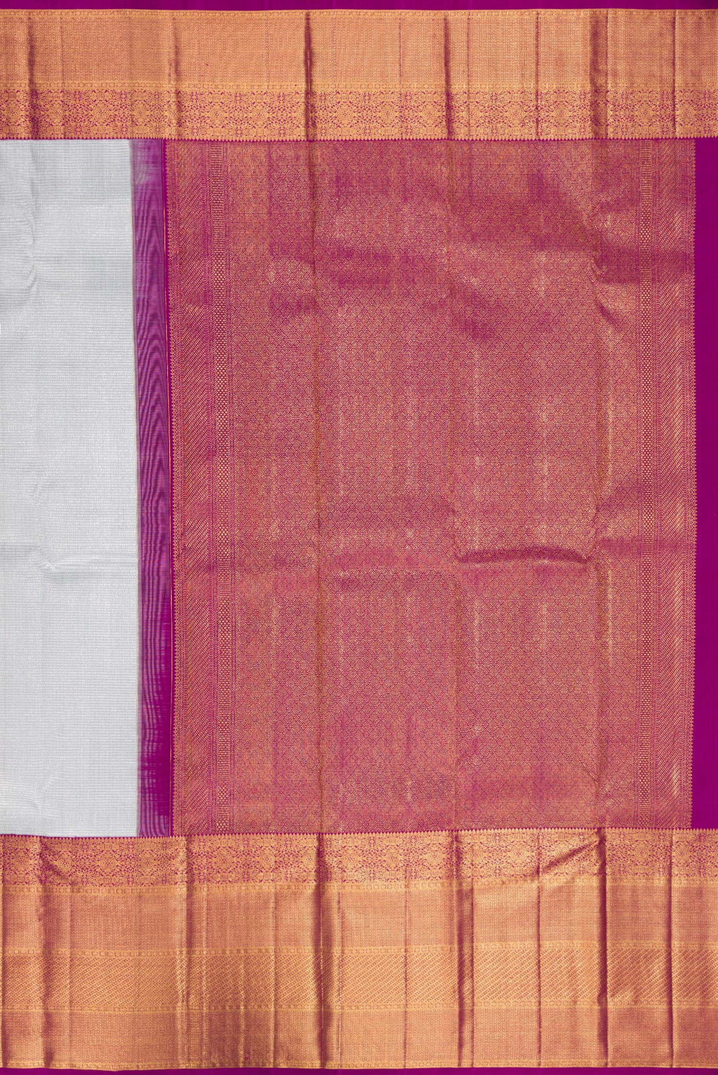 Close up image of the pallu of Pure Silk Silver Kanchipuram Saree with Zari Brocade on the body and Zari Border. 