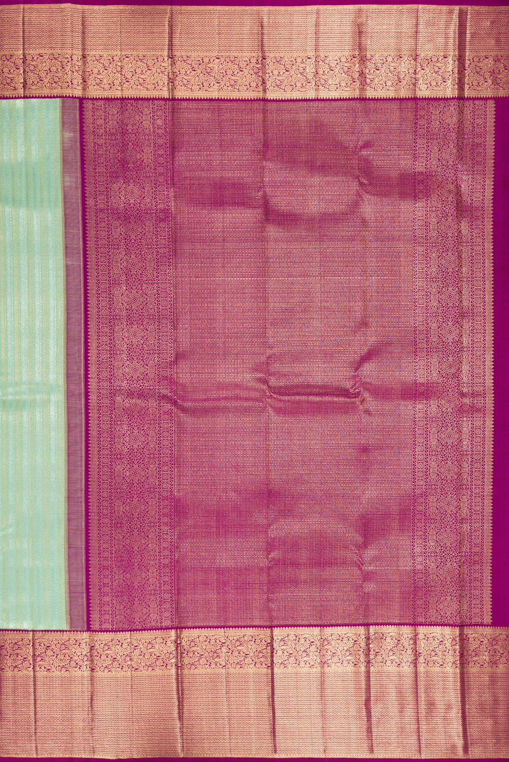 Close up image of the pallu of Pure Silk Pista Green Kanchipuram Saree with Zari Brocade on the body and Zari Border. 