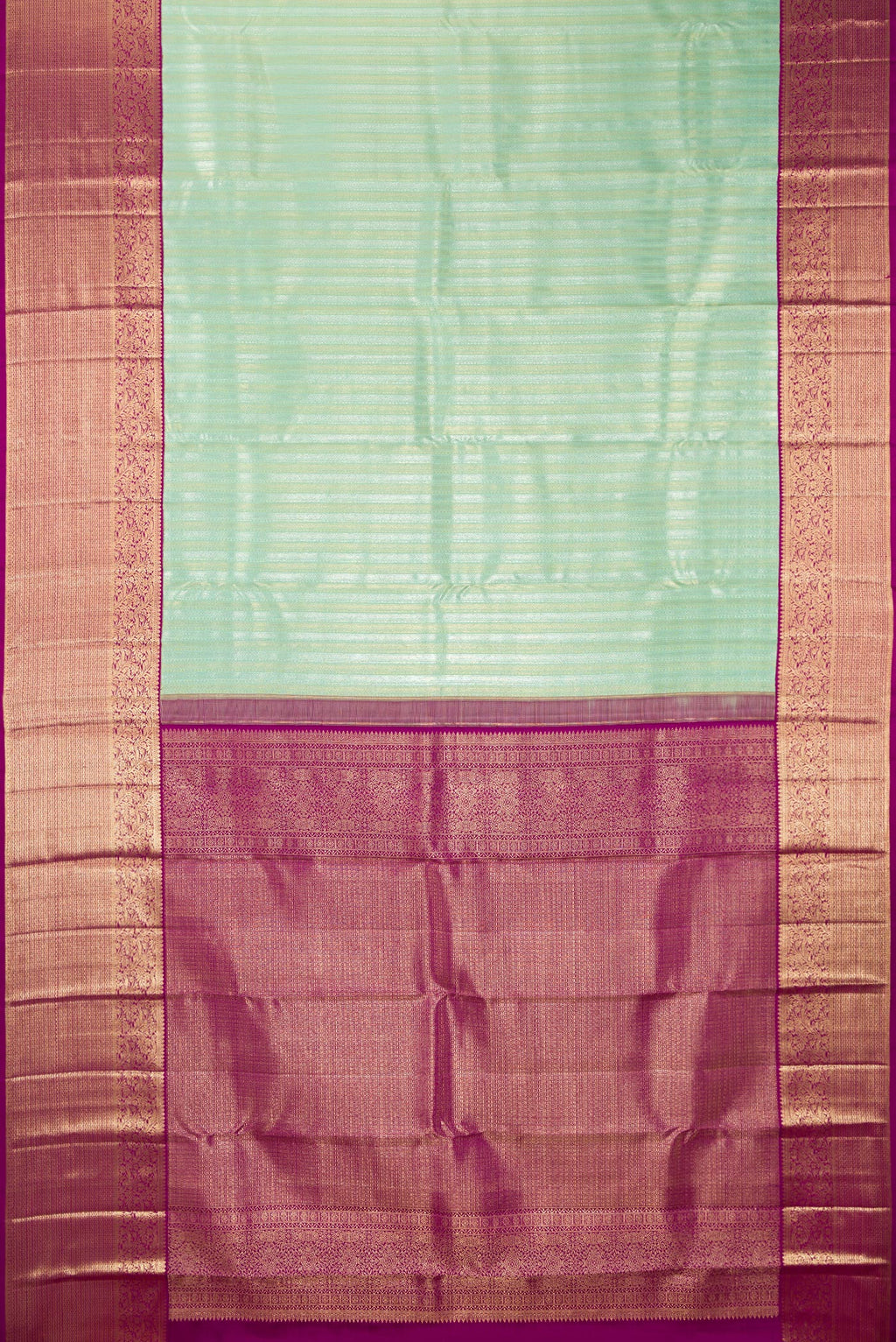 Flat view of Pure Silk Pista Green Kanchipuram Saree with Zari Brocade on the body and Zari Border. 