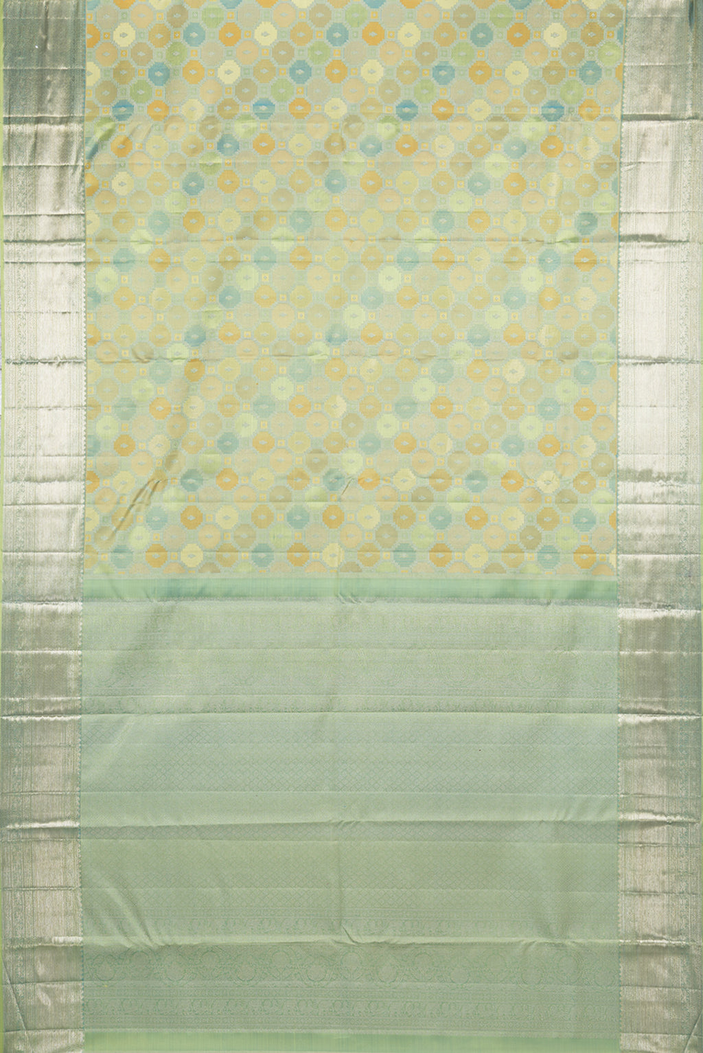 Flat view of Pure Silk Pista Green Dual Tone Kanjivaram Saree with Zari Brocade on the body and Zari Border. 