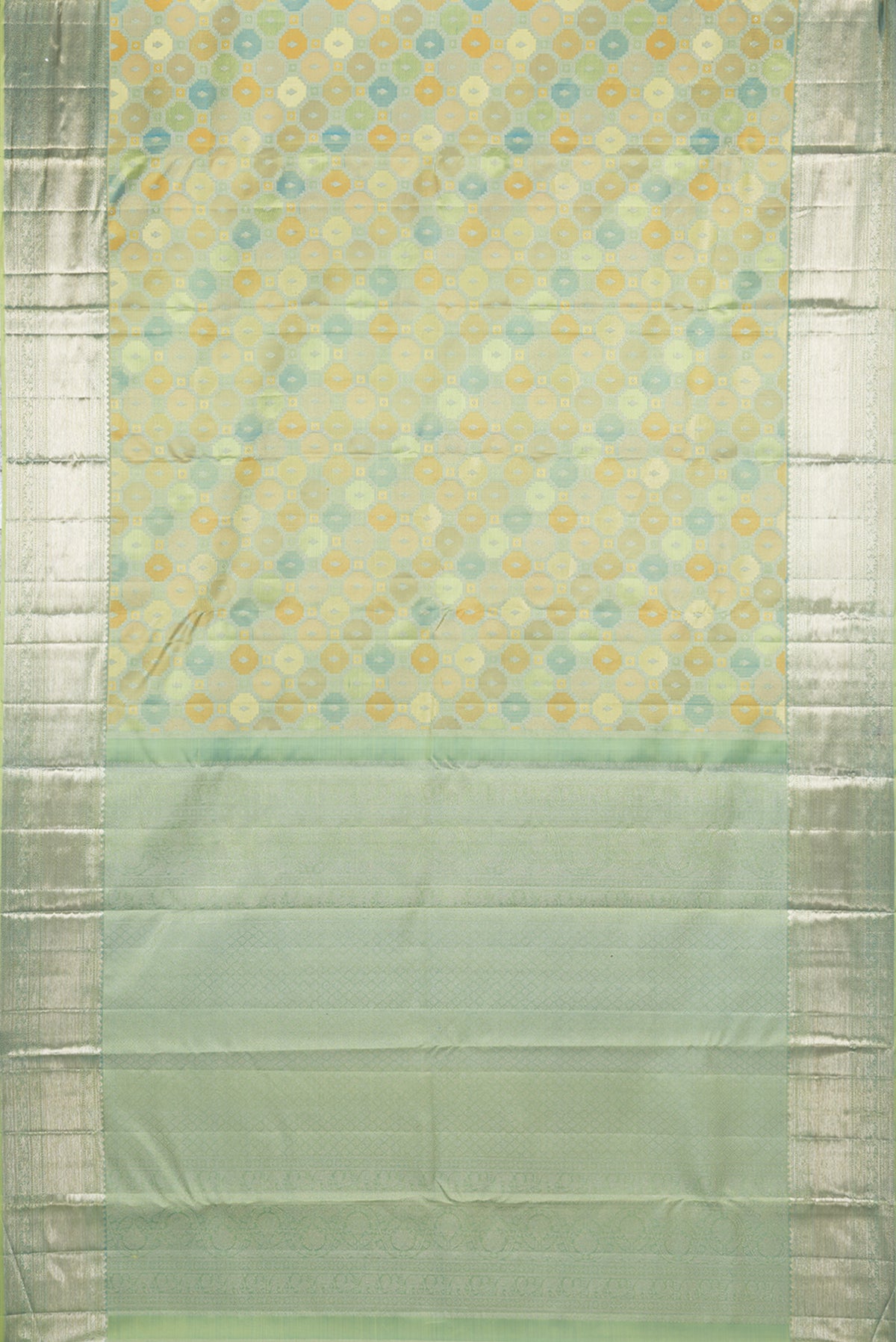 Flat view of Pure Silk Pista Green Dual Tone Kanjivaram Saree with Zari Brocade on the body and Zari Border. 