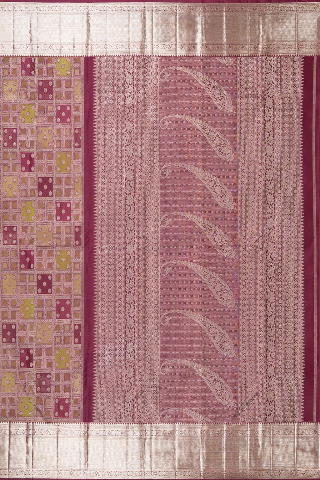 Close up image of the pallu of Pure Silk Maroon Kanjivaram Saree with Zari Brocade on the body and Zari Border. 