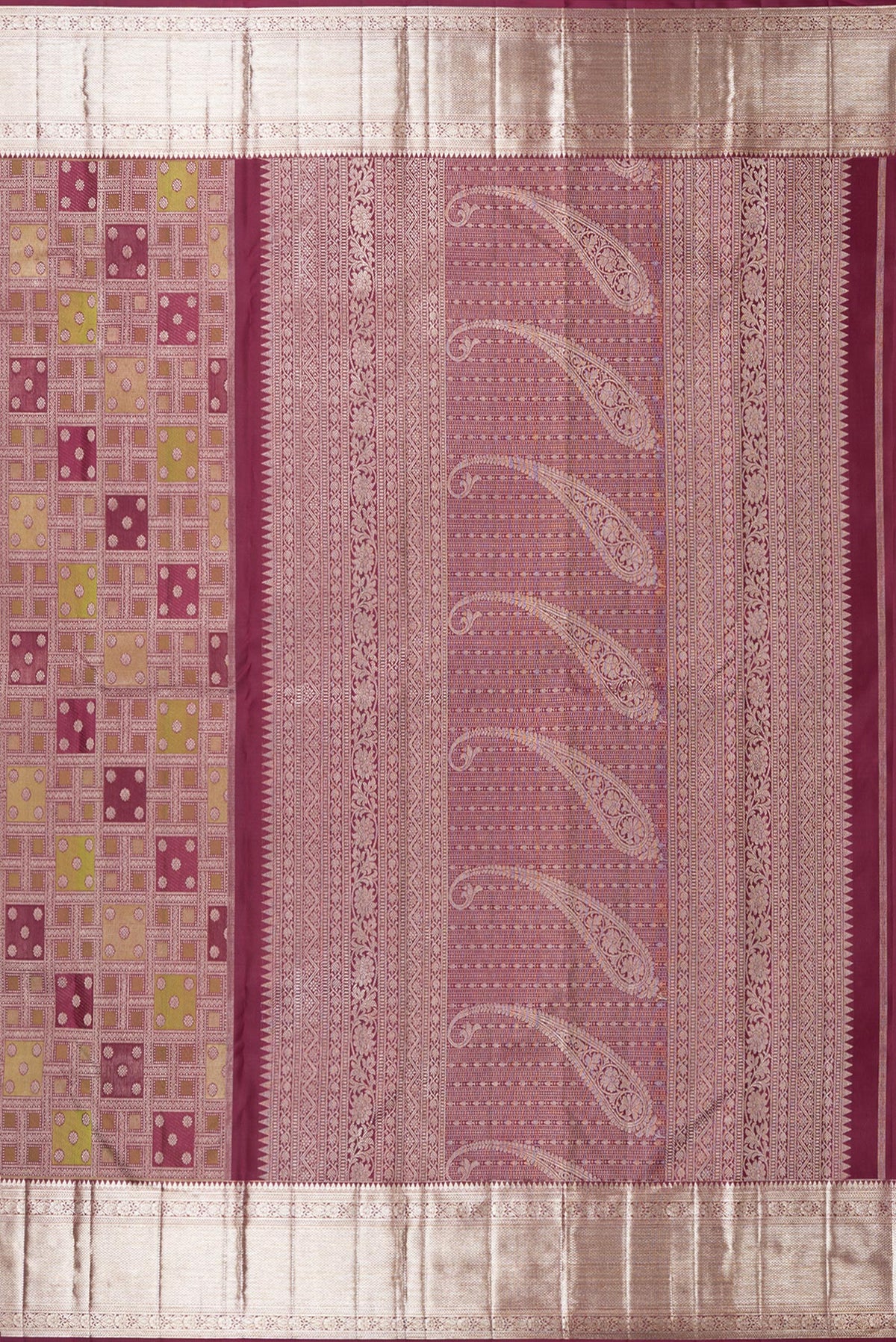 Close up image of the pallu of Pure Silk Maroon Kanjivaram Saree with Zari Brocade on the body and Zari Border. 