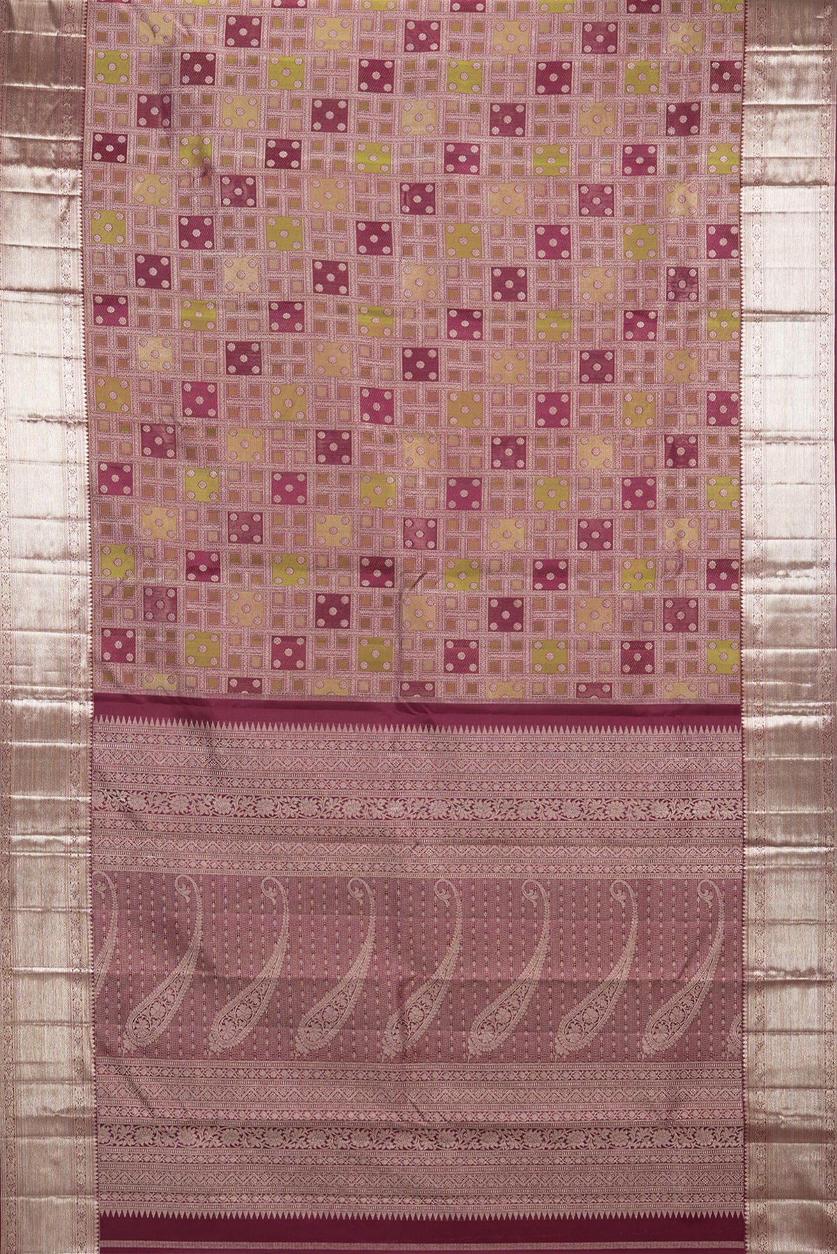 Flat view of Pure Silk Maroon Kanjivaram Saree with Zari Brocade on the body and Zari Border. 
