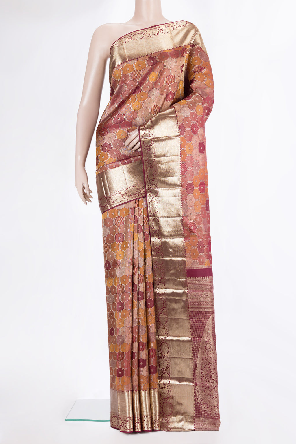 Pure Silk Maroon Kanjivaram Saree with Zari Brocade on the body and Zari Border.  displayed on a mannequin