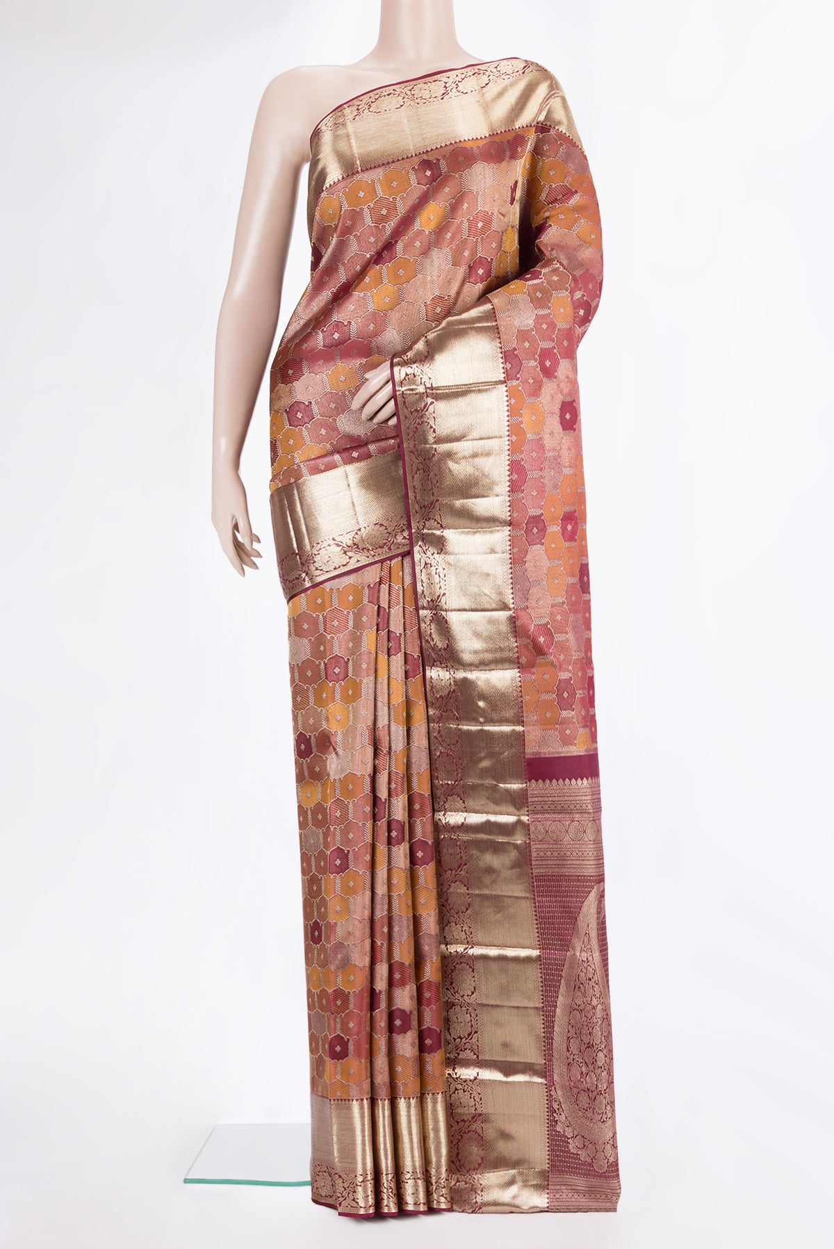 Pure Silk Maroon Kanjivaram Saree with Zari Brocade on the body and Zari Border.  displayed on a mannequin