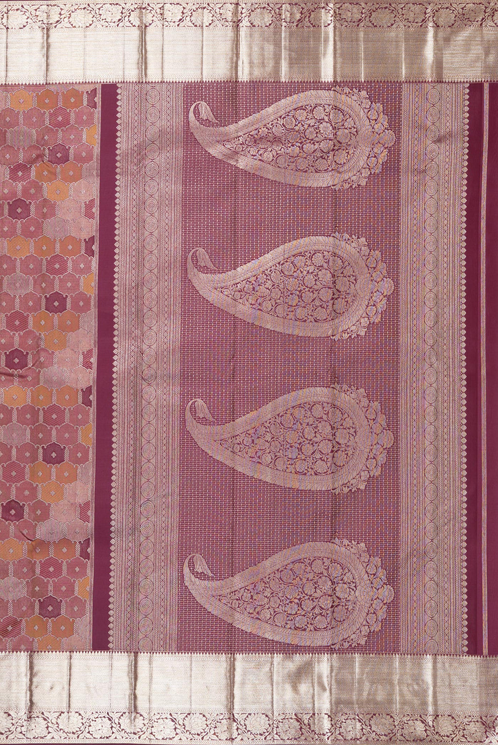 Close up image of the pallu of Pure Silk Maroon Kanjivaram Saree with Zari Brocade on the body and Zari Border. 