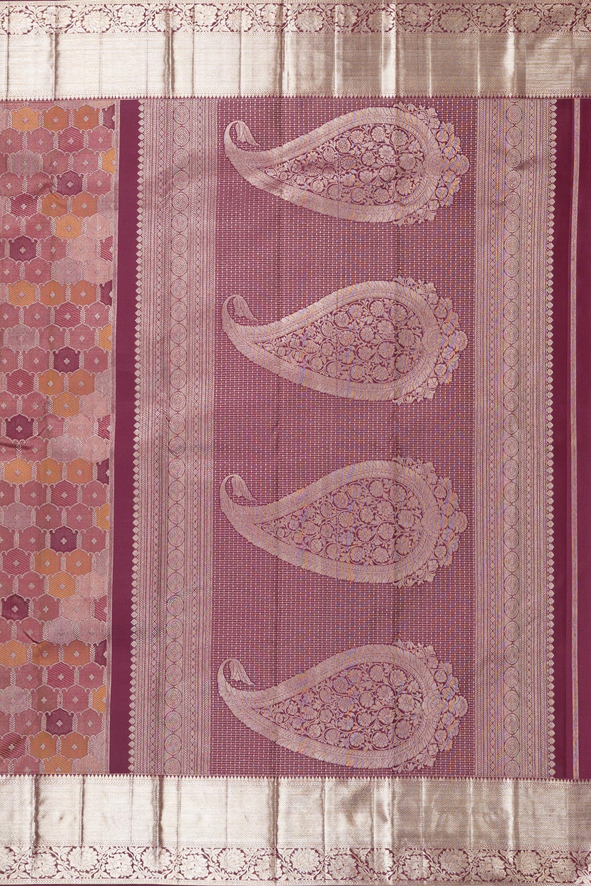 Close up image of the pallu of Pure Silk Maroon Kanjivaram Saree with Zari Brocade on the body and Zari Border. 