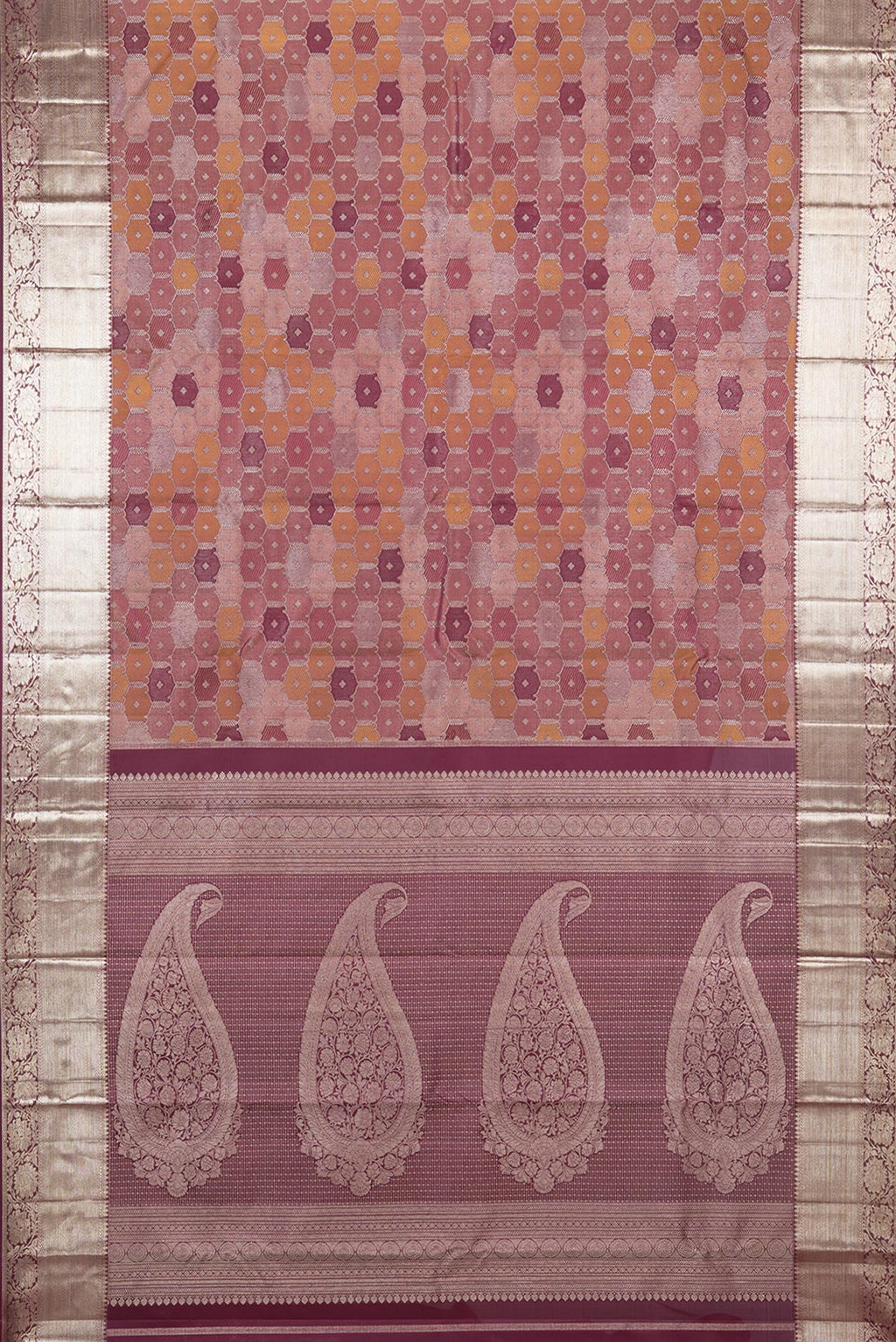 Flat view of Pure Silk Maroon Kanjivaram Saree with Zari Brocade on the body and Zari Border. 