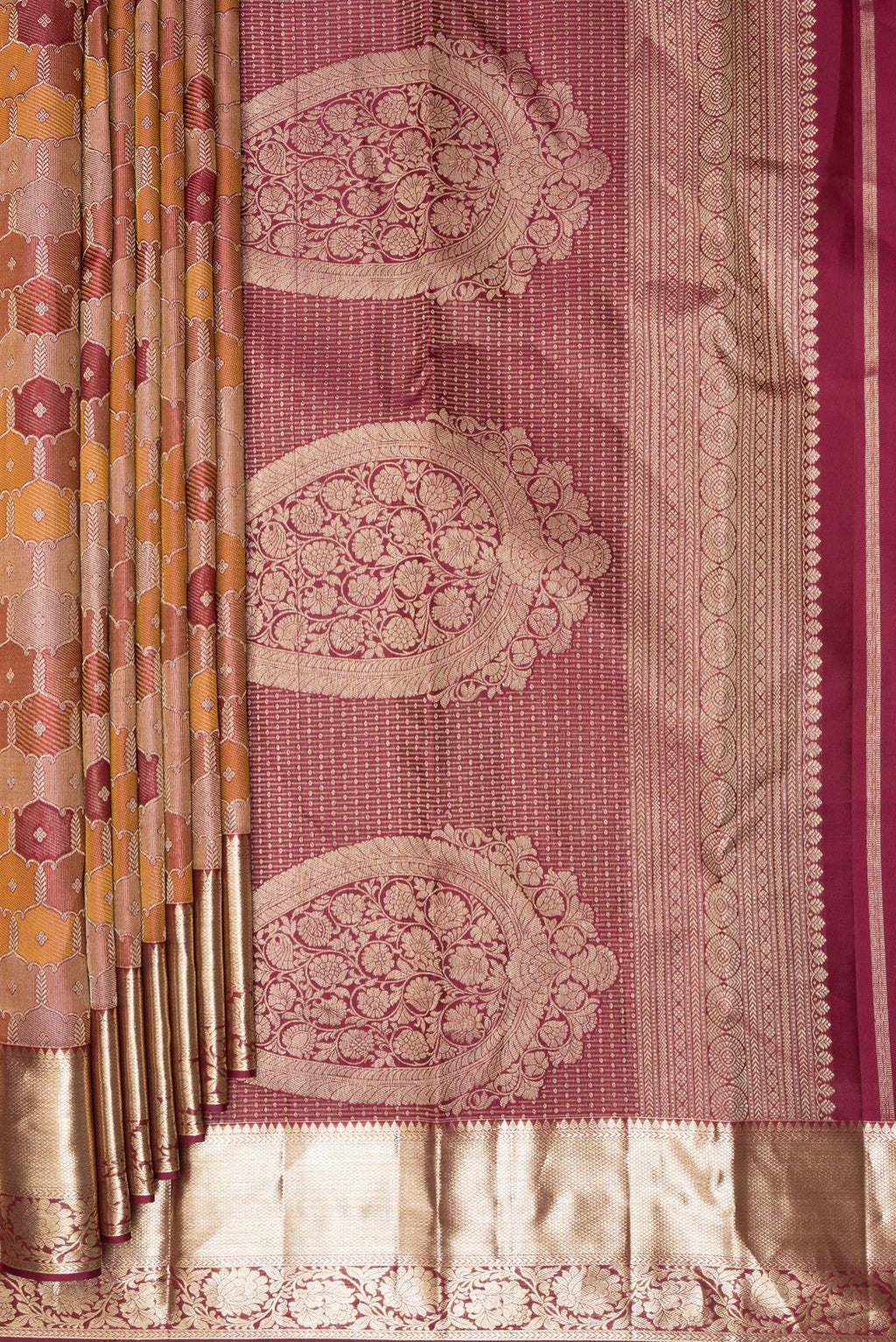 Pleats and pallu of Pure Silk Maroon Kanjivaram Saree with Zari Brocade on the body and Zari Border. 