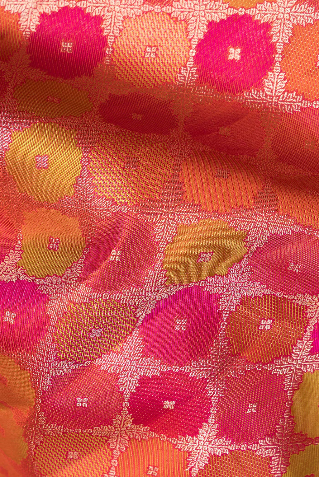 Close up of Pure Silk Multi Color Kanjivaram Saree with Zari Brocade on the body and Zari Border.  displaying folds