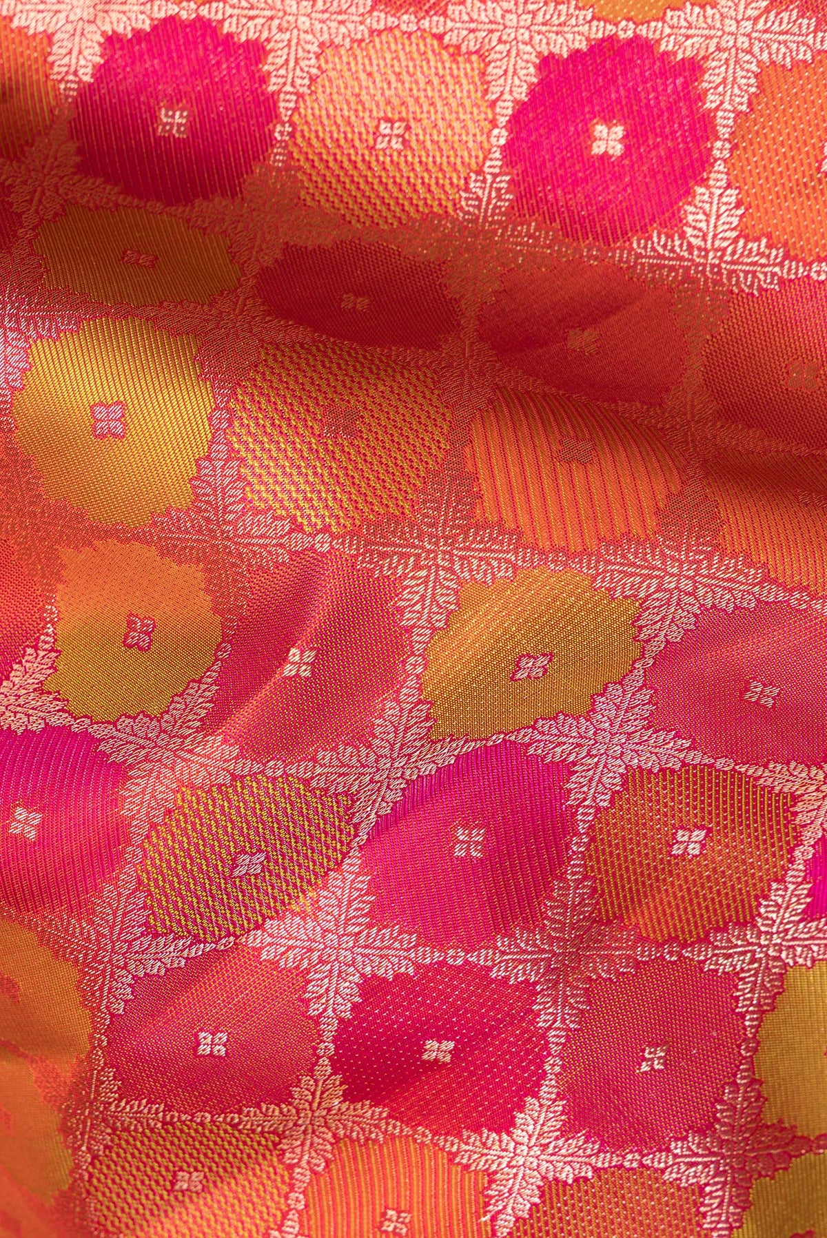 Close up of Pure Silk Multi Color Kanjivaram Saree with Zari Brocade on the body and Zari Border.  displaying folds