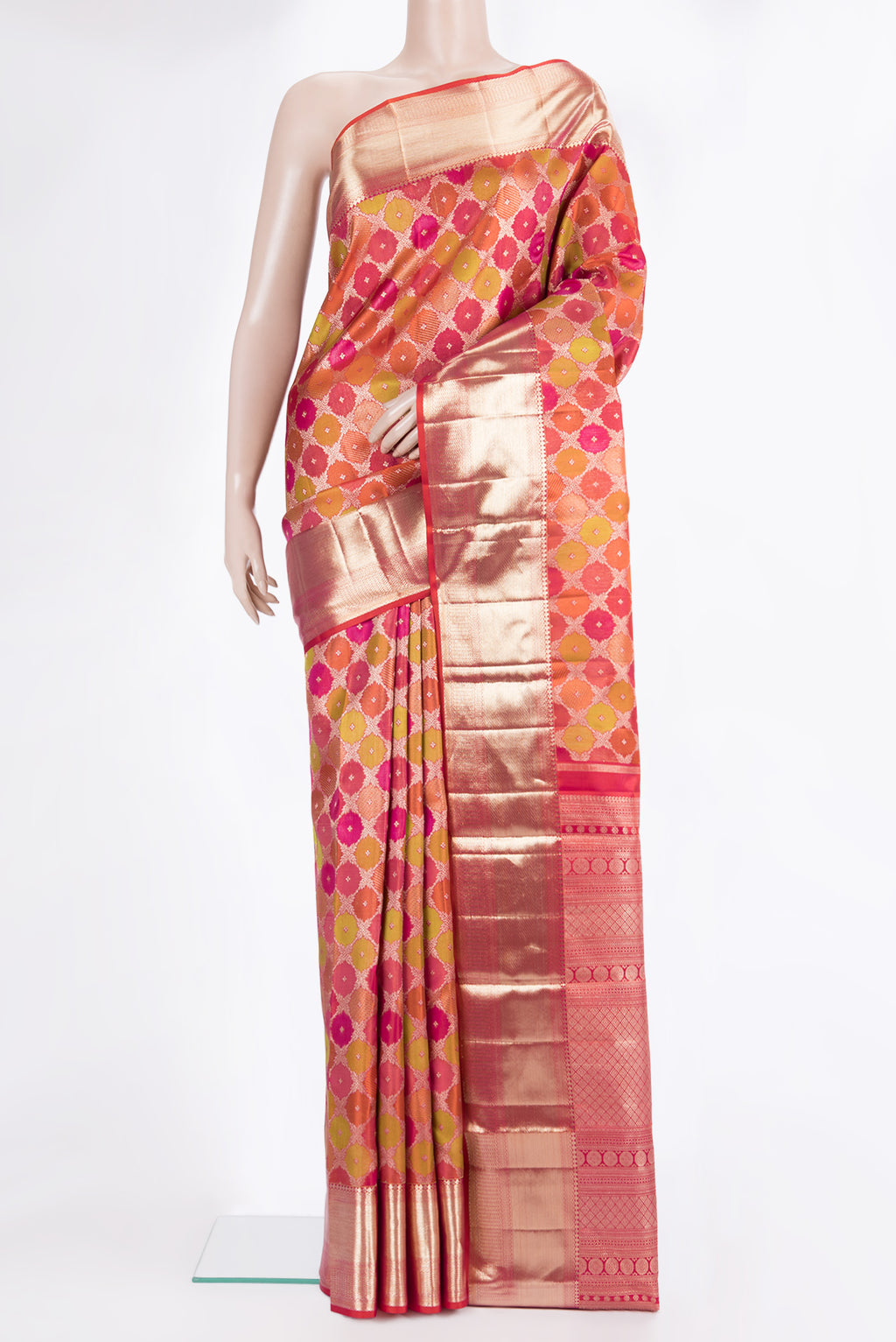 Pure Silk Multi Color Kanjivaram Saree with Zari Brocade on the body and Zari Border.  displayed on a mannequin