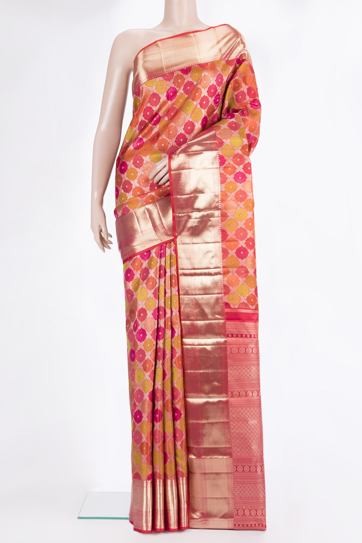 Pure Silk Multi Color Kanjivaram Saree with Zari Brocade on the body and Zari Border.  displayed on a mannequin