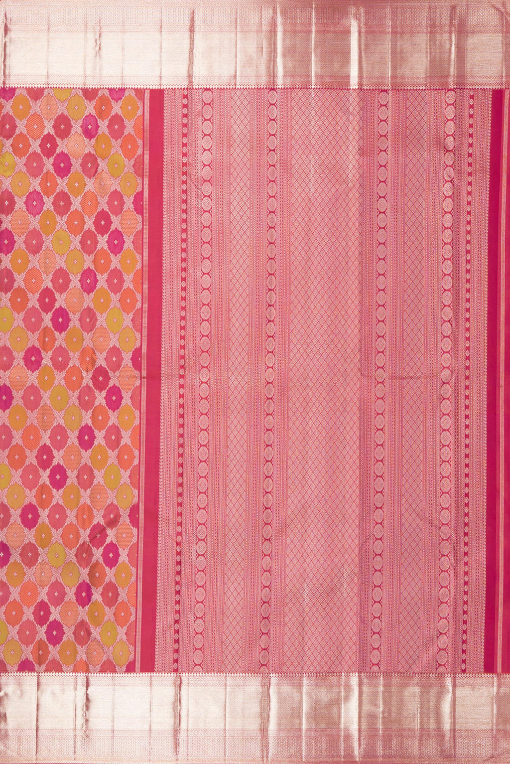 Close up image of the pallu of Pure Silk Multi Color Kanjivaram Saree with Zari Brocade on the body and Zari Border. 