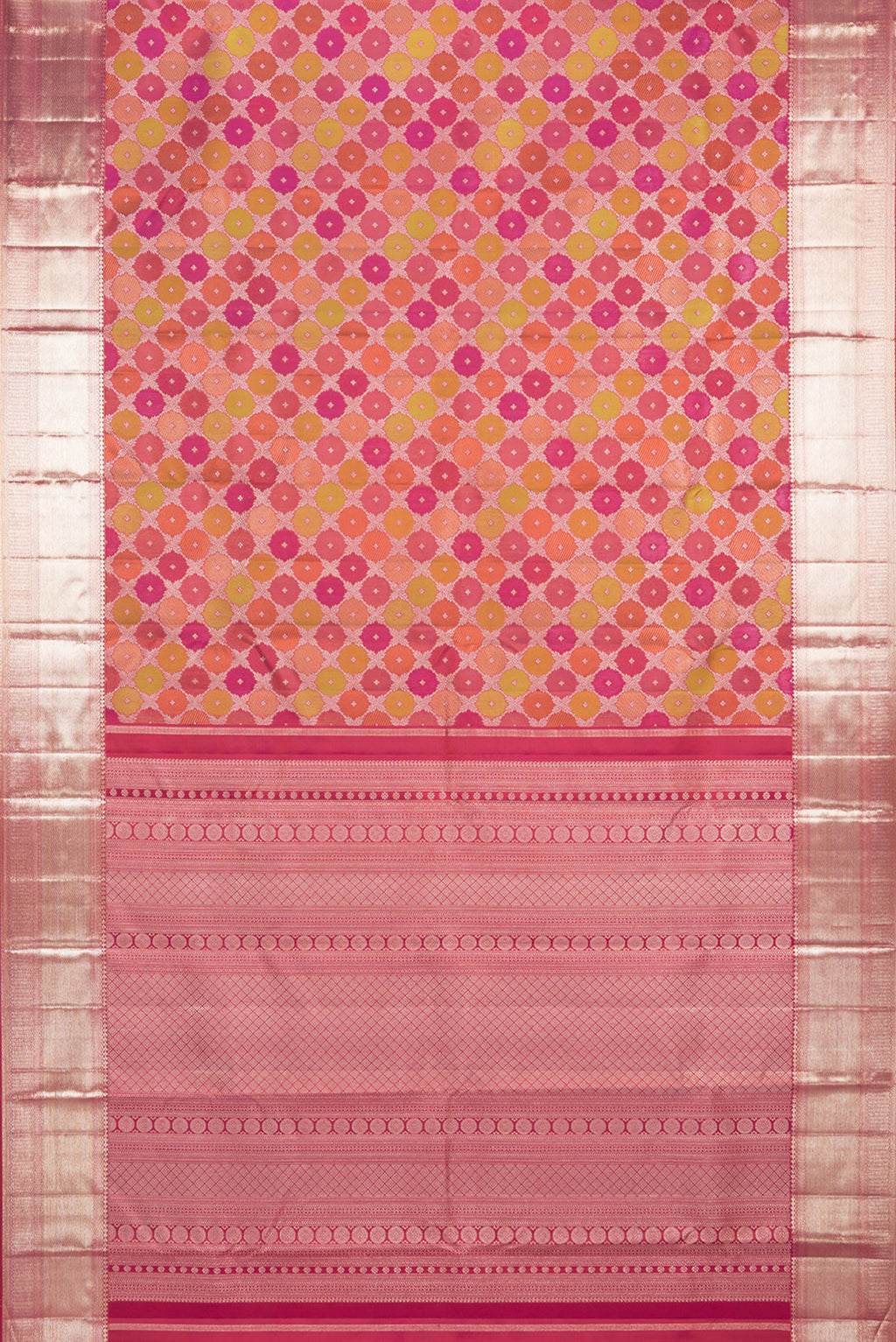 Flat view of Pure Silk Multi Color Kanjivaram Saree with Zari Brocade on the body and Zari Border. 