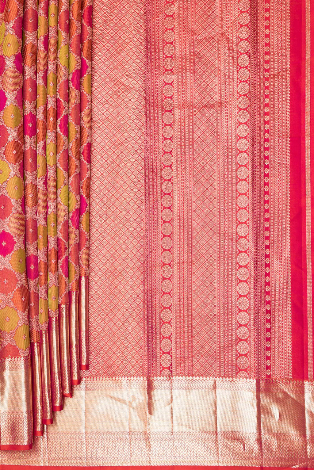 Pleats and pallu of Pure Silk Multi Color Kanjivaram Saree with Zari Brocade on the body and Zari Border. 