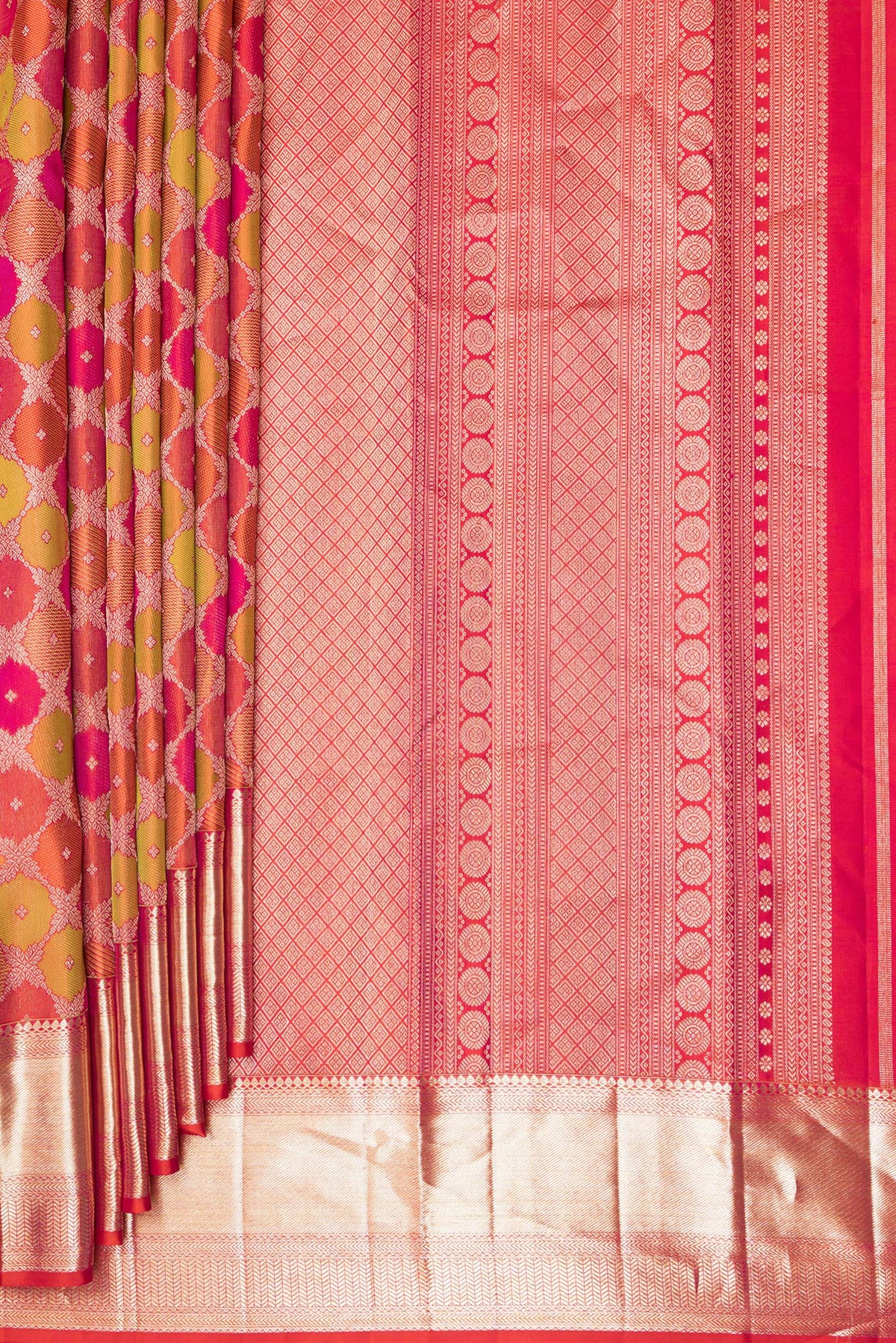 Pleats and pallu of Pure Silk Multi Color Kanjivaram Saree with Zari Brocade on the body and Zari Border. 