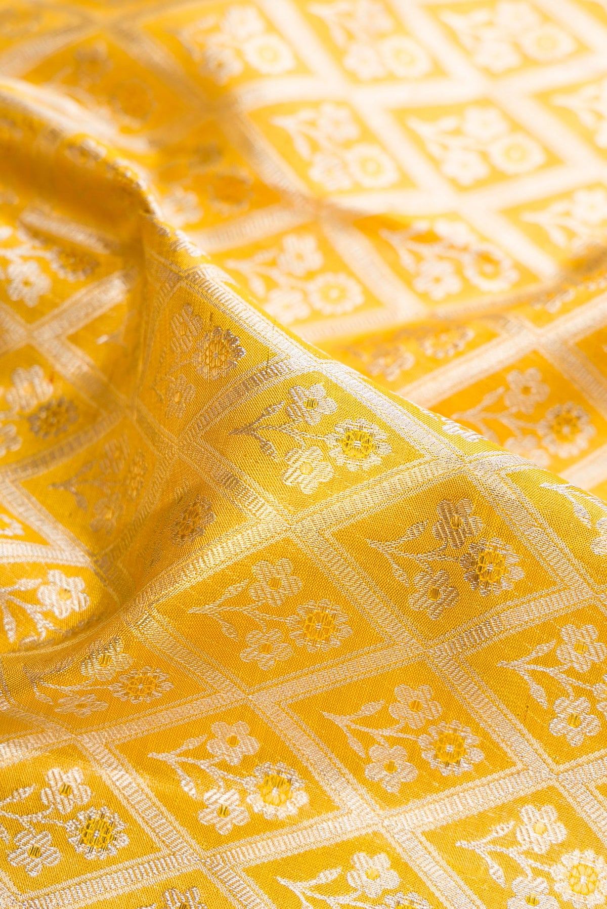 Close up of Yellow Dual Tone Kanjivaram Tissue Saree with Zari Brocade on the body and Zari Border.  displaying folds