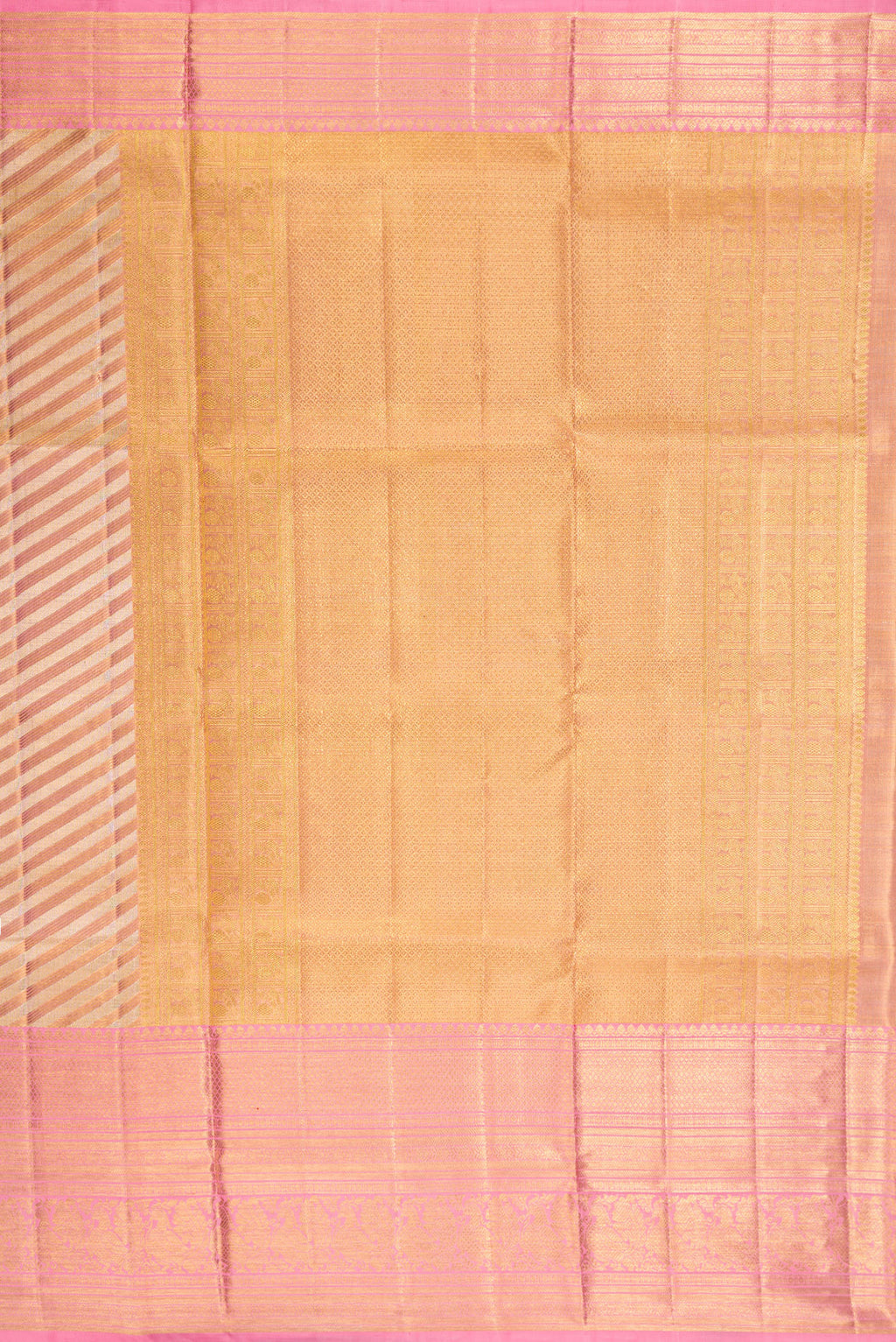 Close up image of the pallu of Gold Dual Tone Kanjivaram Tissue Saree with Zari Brocade on the body and Fancy Border. 