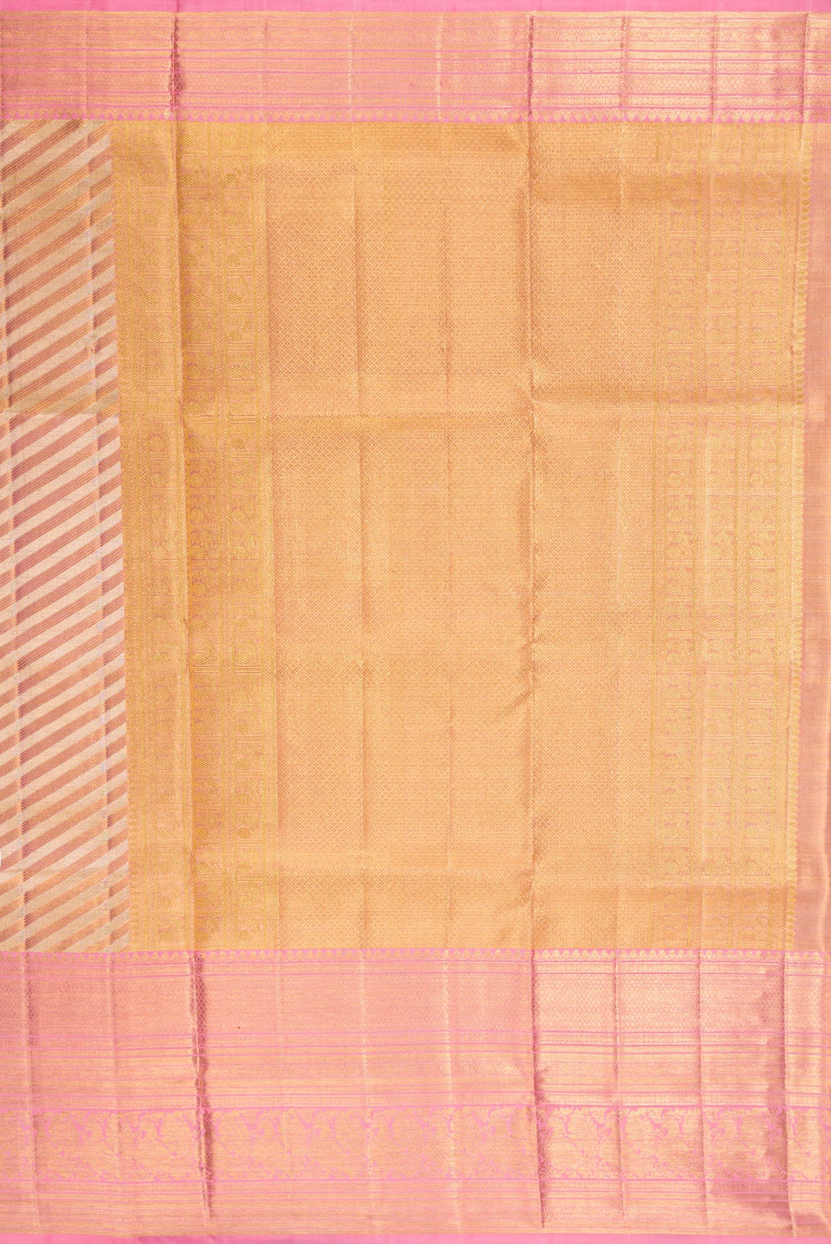 Close up image of the pallu of Gold Dual Tone Kanjivaram Tissue Saree with Zari Brocade on the body and Fancy Border. 