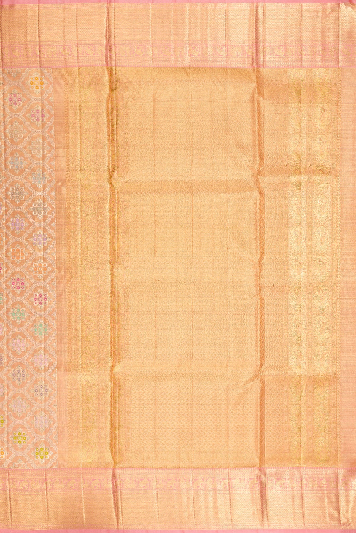 Close up image of the pallu of Golden Peach Dual Tone Kanjivaram Tissue Saree with Zari Brocade on the body and Fancy Border. 