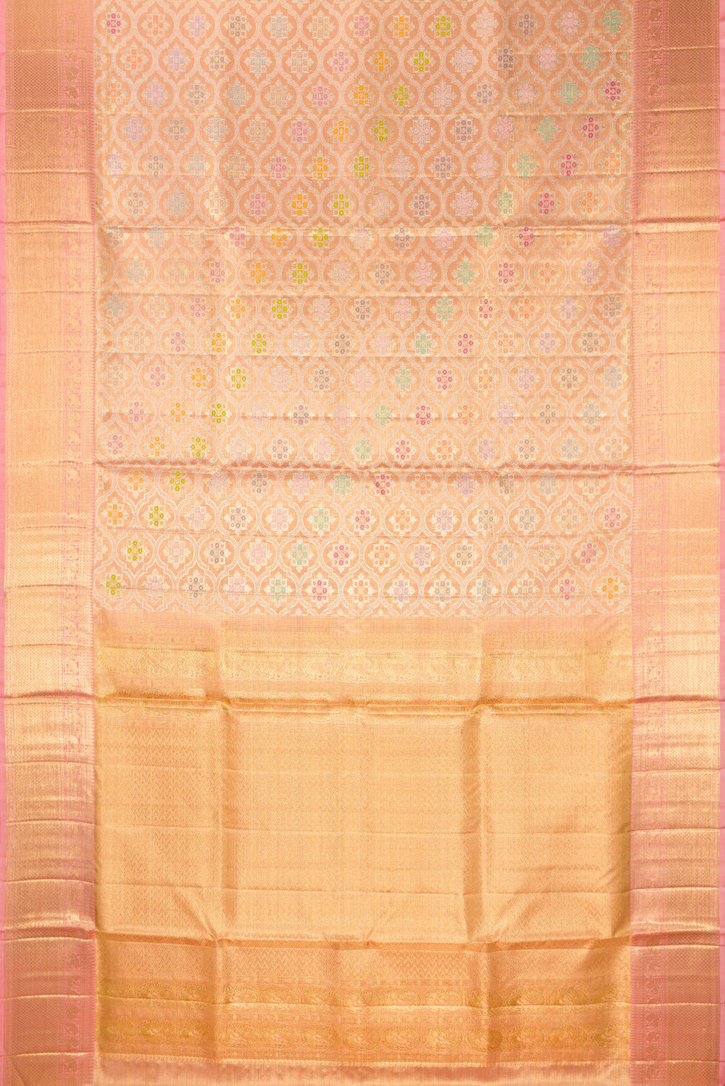 Flat view of Golden Peach Dual Tone Kanjivaram Tissue Saree with Zari Brocade on the body and Fancy Border. 