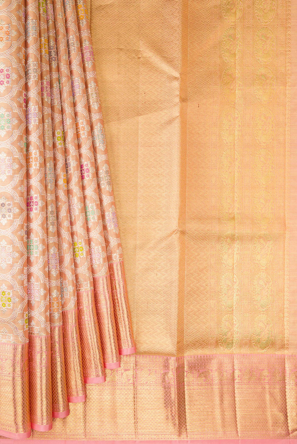 Pleats and pallu of Golden Peach Dual Tone Kanjivaram Tissue Saree with Zari Brocade on the body and Fancy Border. 