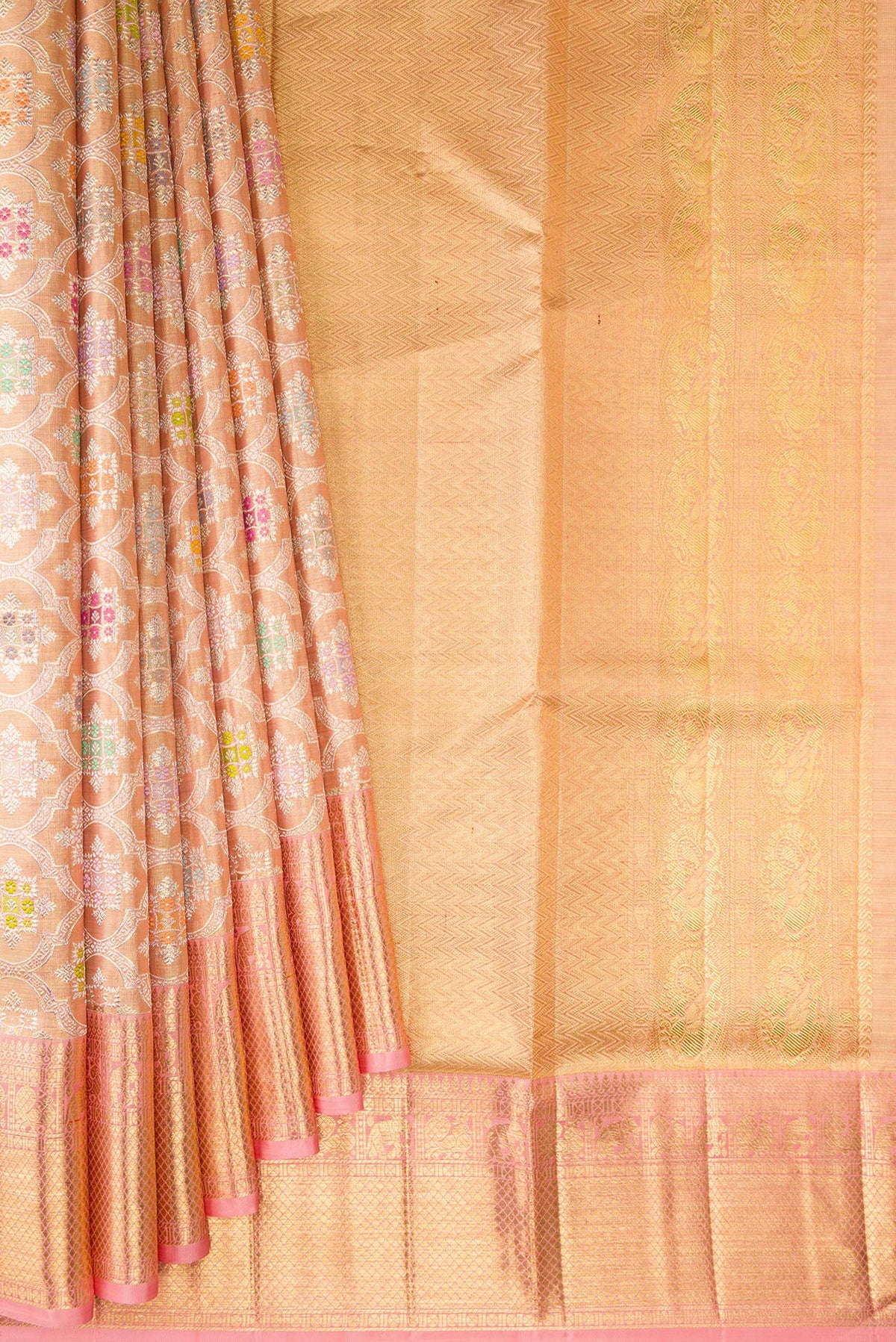 Pleats and pallu of Golden Peach Dual Tone Kanjivaram Tissue Saree with Zari Brocade on the body and Fancy Border. 