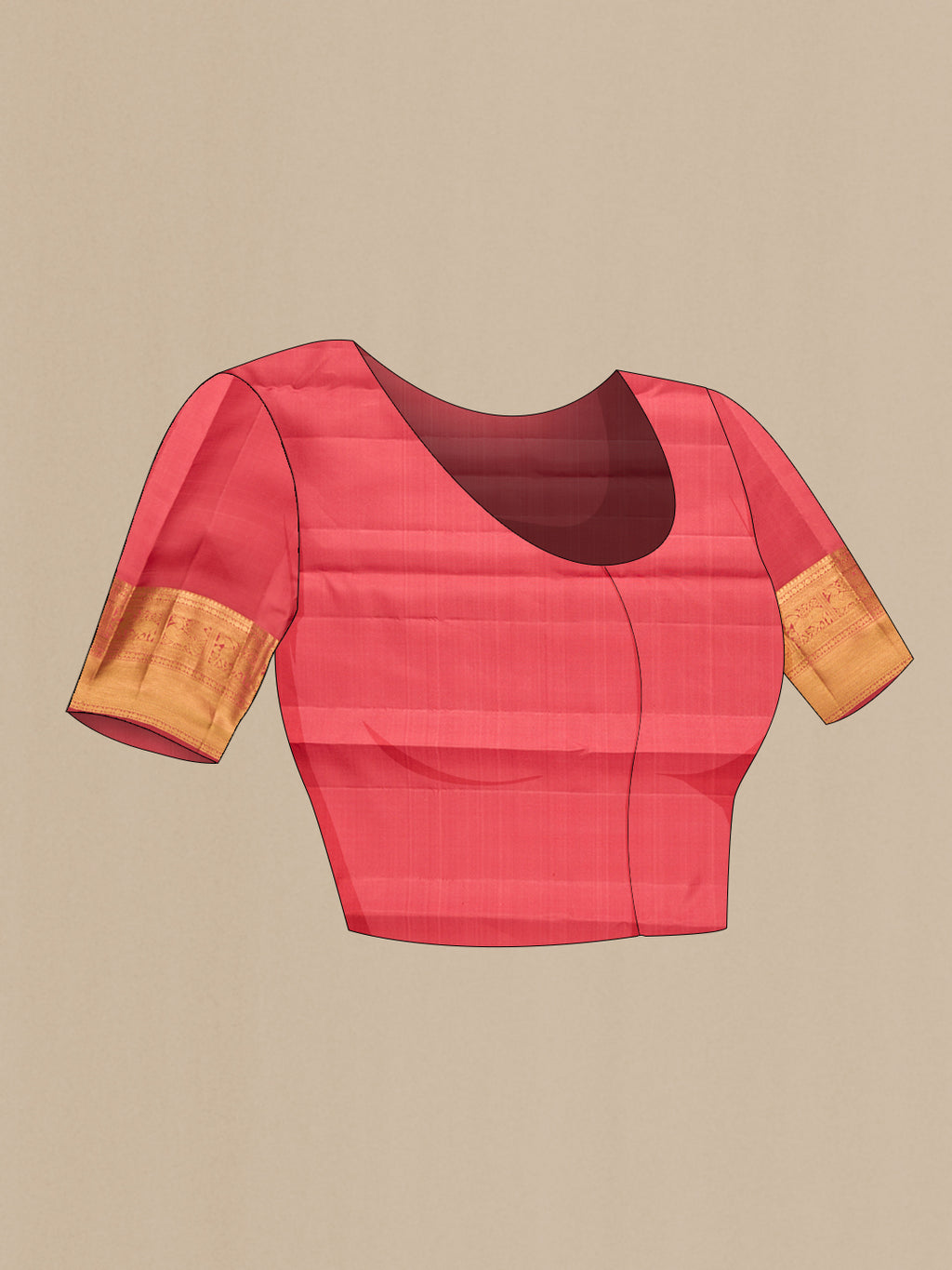 Close up image of the blouse of Pure Silk Peach Kanchipuram Saree with Zari Brocade on the body and Zari Border. 