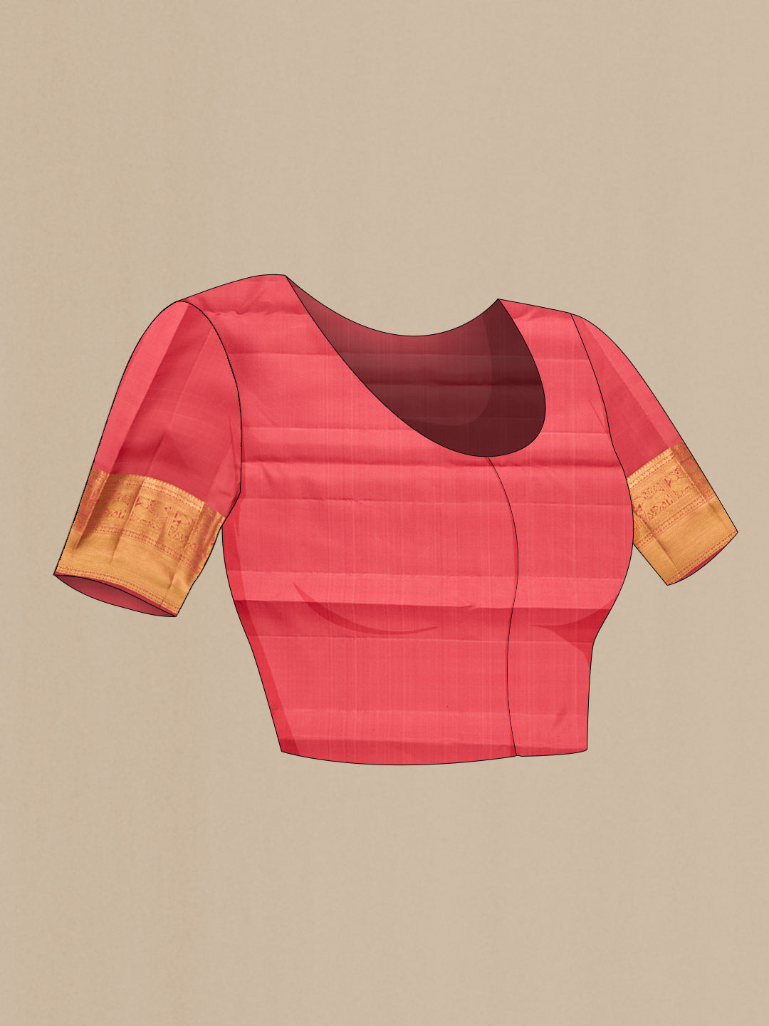 Close up image of the blouse of Pure Silk Peach Kanchipuram Saree with Zari Brocade on the body and Zari Border. 