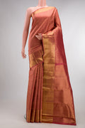 Pure Silk Peach Kanchipuram Saree with Zari Brocade on the body and Zari Border.  displayed on a mannequin