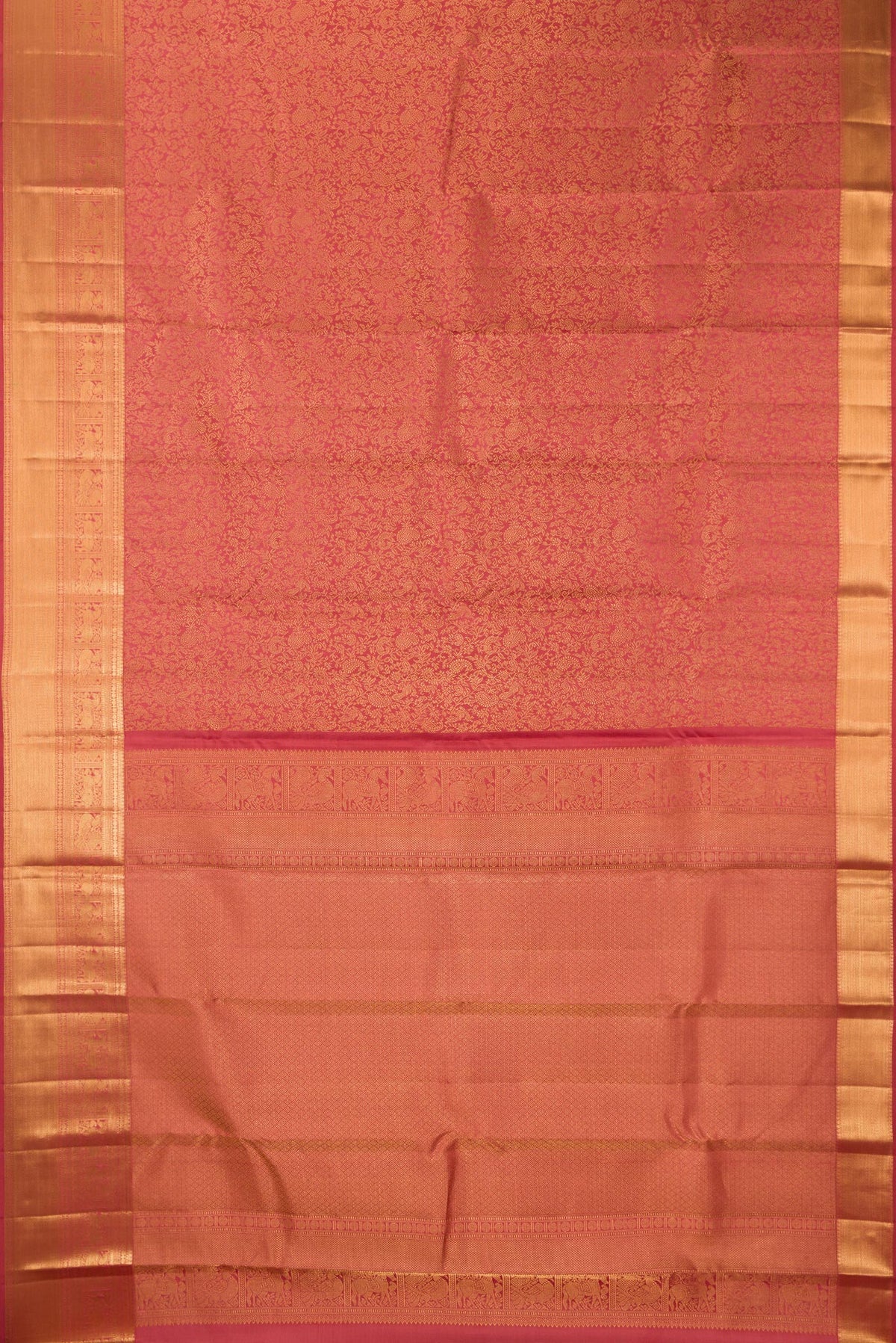 Flat view of Pure Silk Peach Kanchipuram Saree with Zari Brocade on the body and Zari Border. 